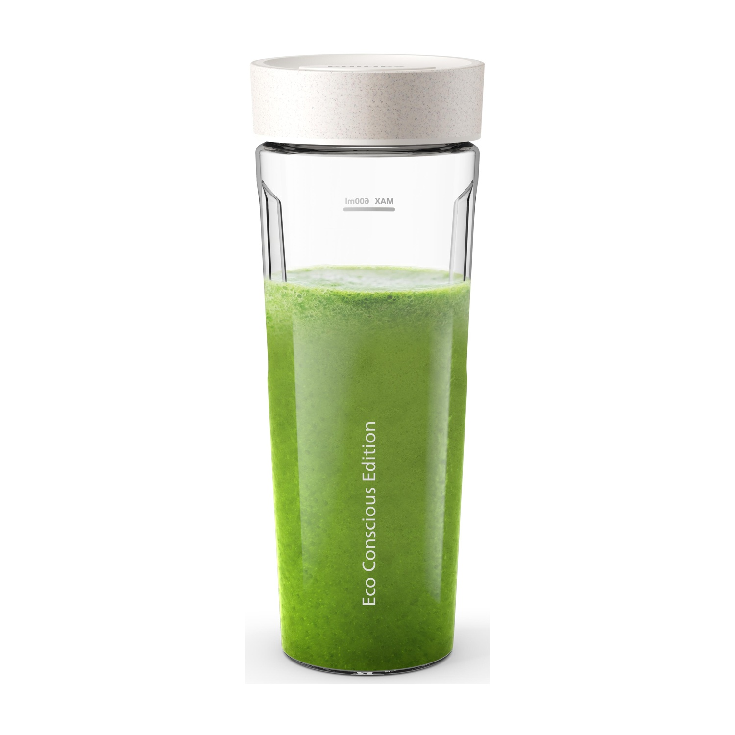 Frullato verde in una bottiglia trasparente con tappo bianco. Edizione Eco Conscious stampata.