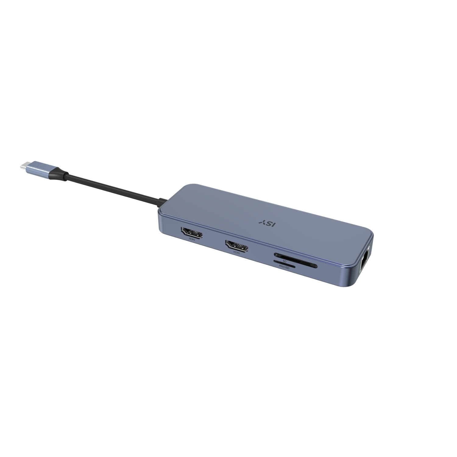 A blue-gray USB-C hub with ports, on a black background.