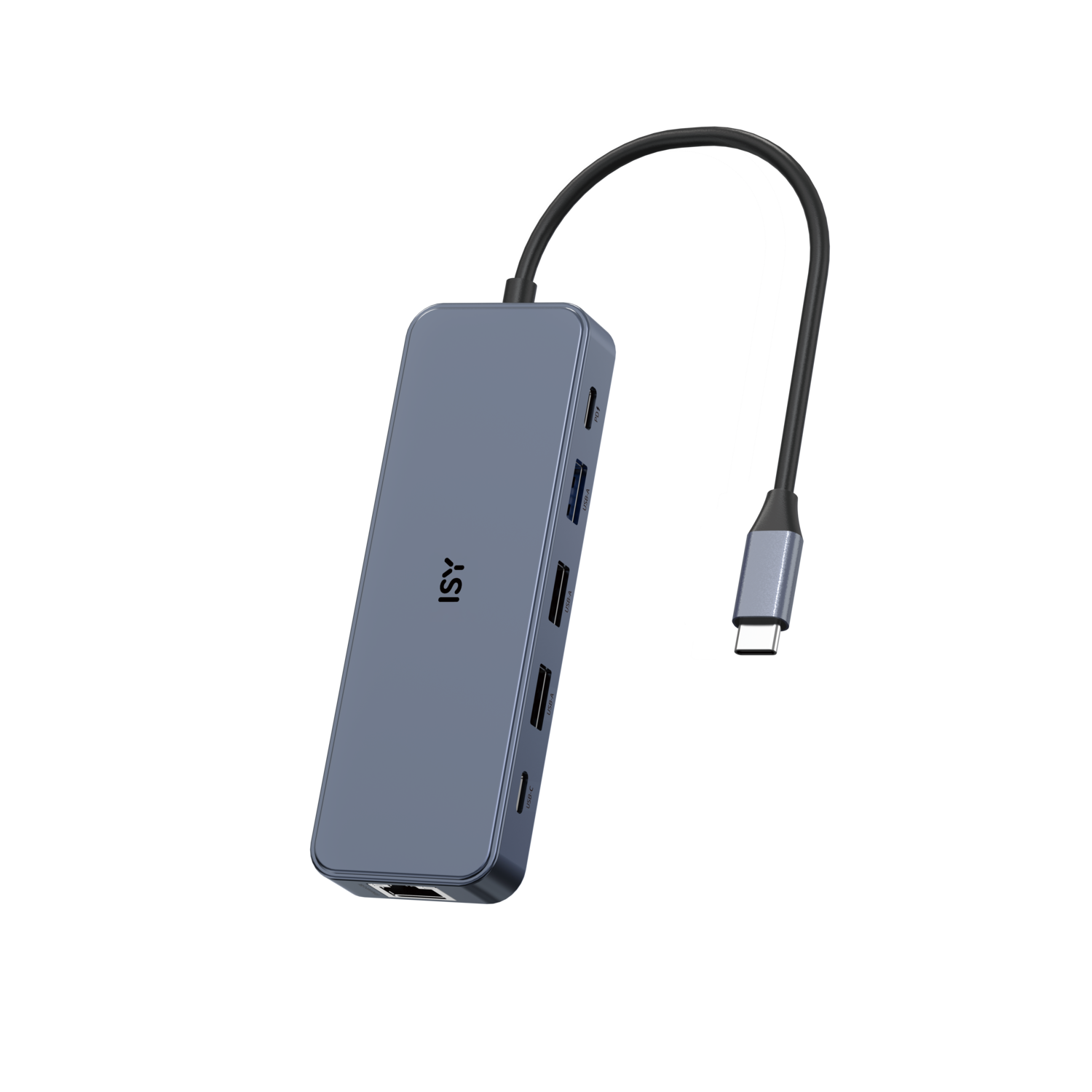 A gray hub with multiple ports and a black cable. The brand ISY is visible. Black background.