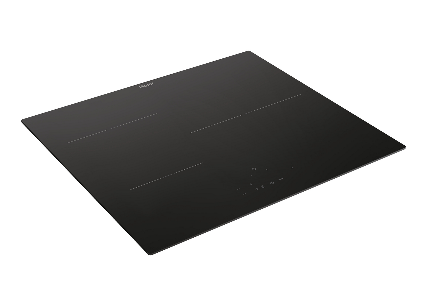 Placa de inducción Haier negra con cuatro quemadores y panel de control.