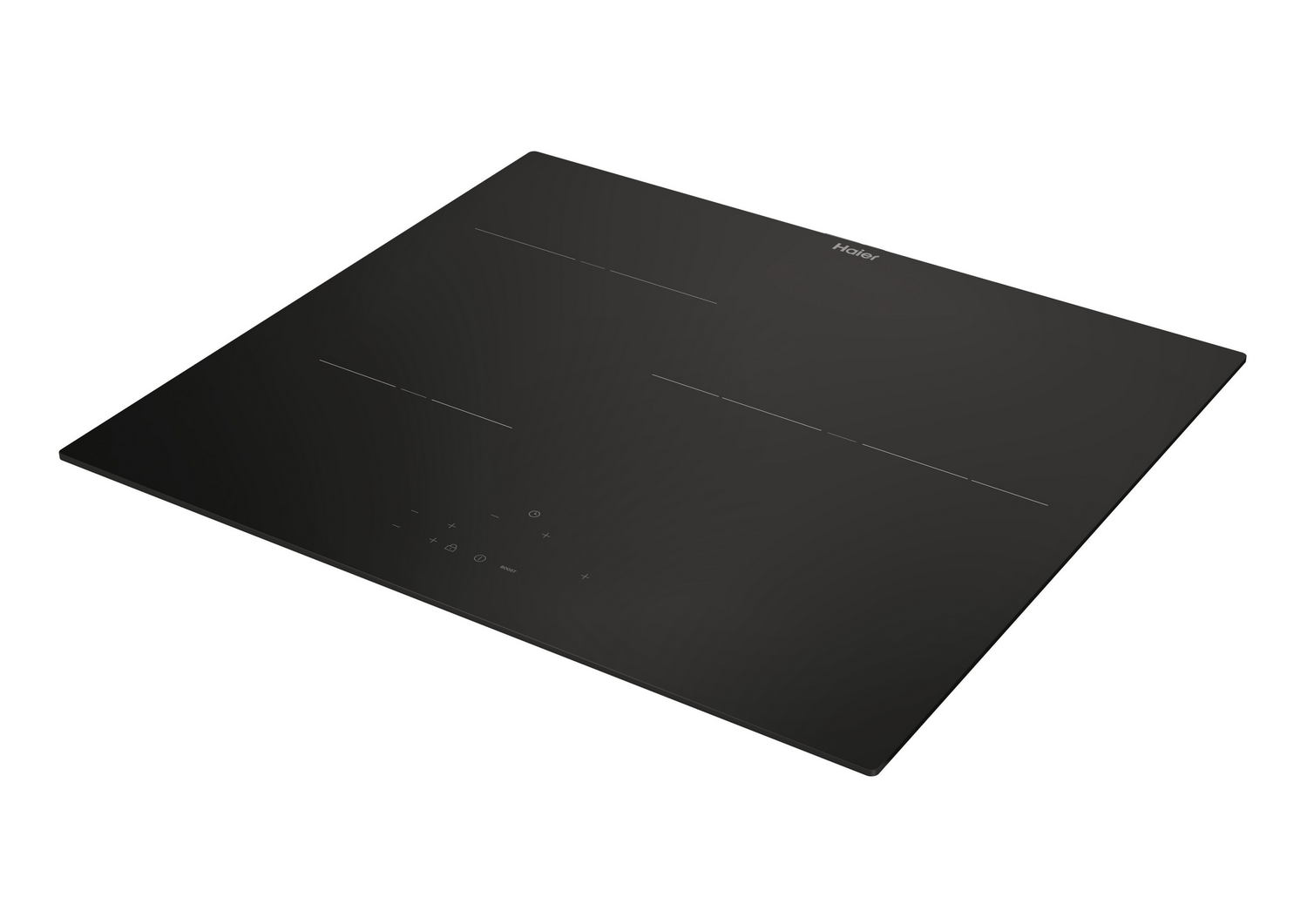 Una placa de inducción negra sobre fondo blanco, con controles táctiles visibles.