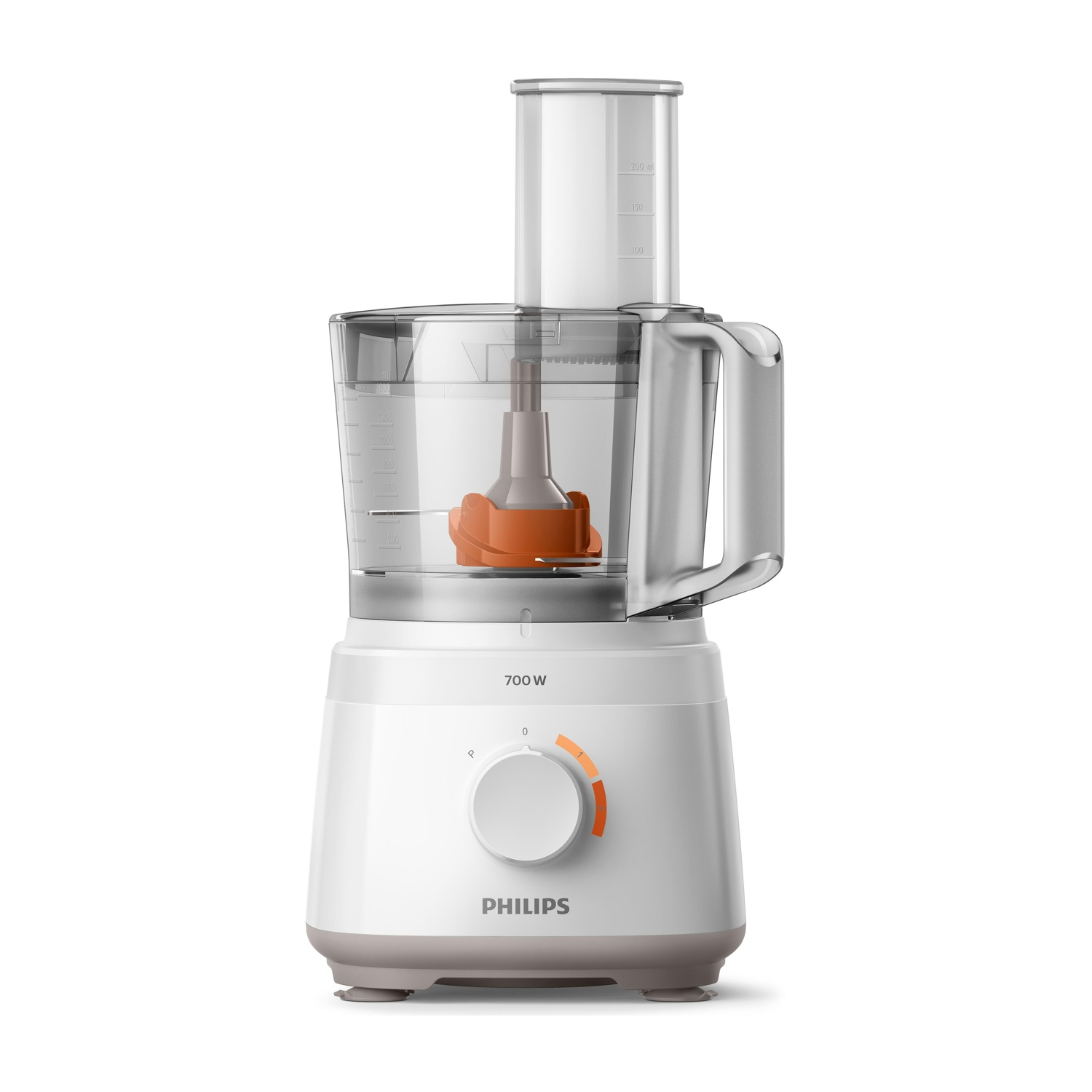 Robot da cucina bianco e grigio con manopola arancione e contenitore trasparente.