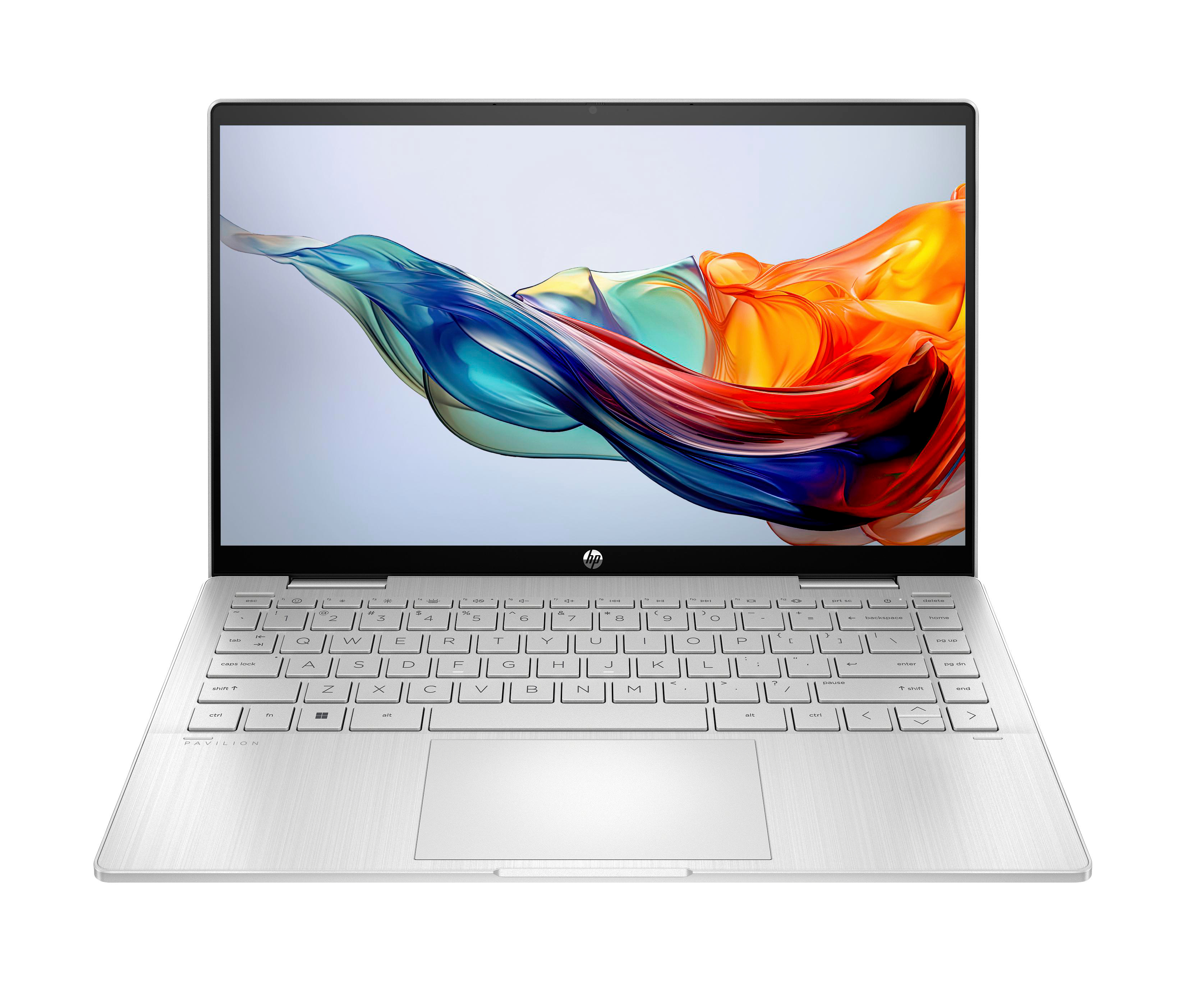 Silberner Laptop mit farbenfroher Bildschirmanzeige, geöffnet auf weißem Hintergrund.