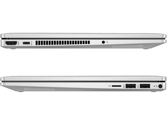 Zwei silberne Laptops, Seitenansicht. Der obere hat Anschlüsse links, der untere rechts.