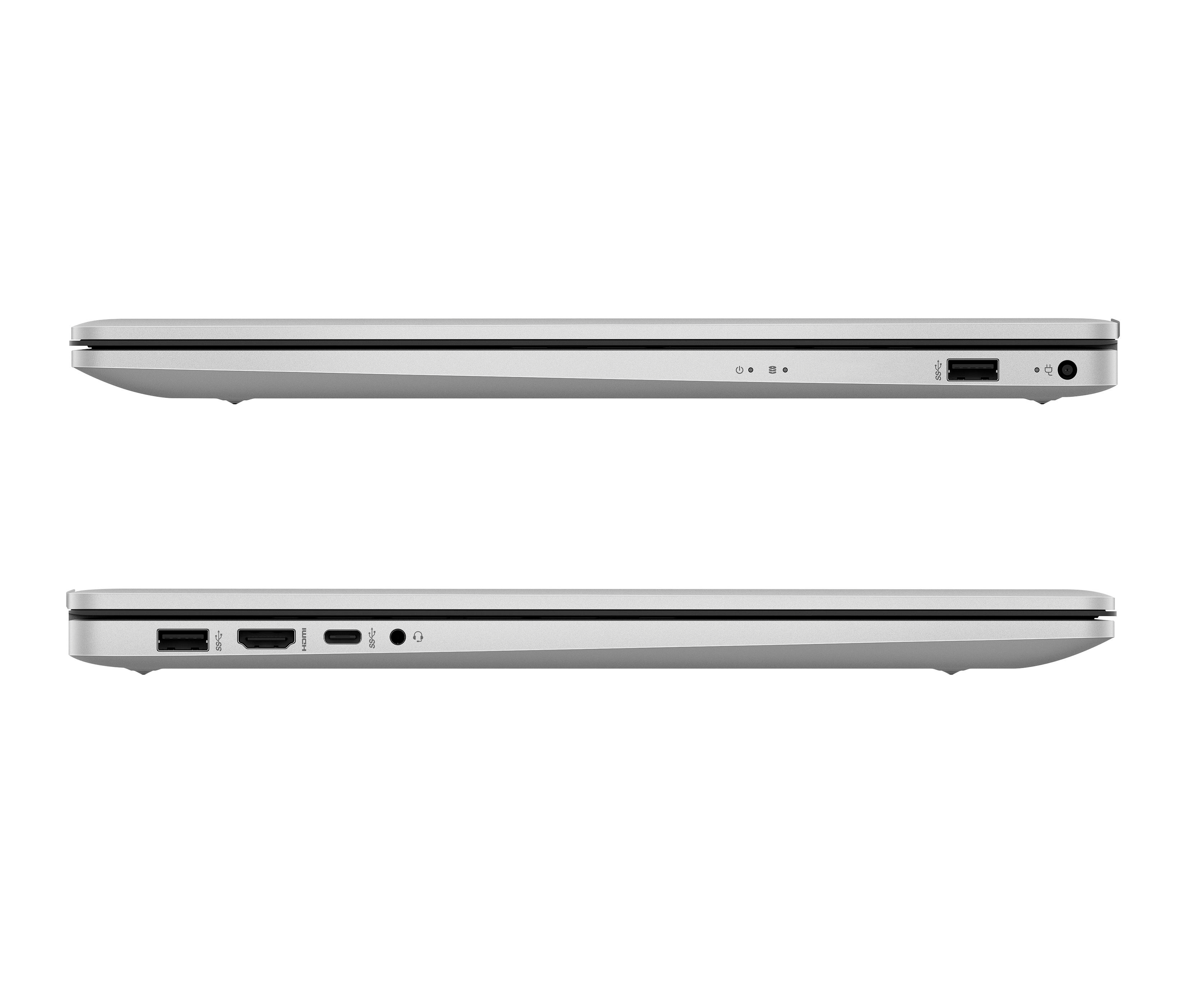 Seitenansicht eines silbernen Laptops mit sichtbaren Anschlüssen.