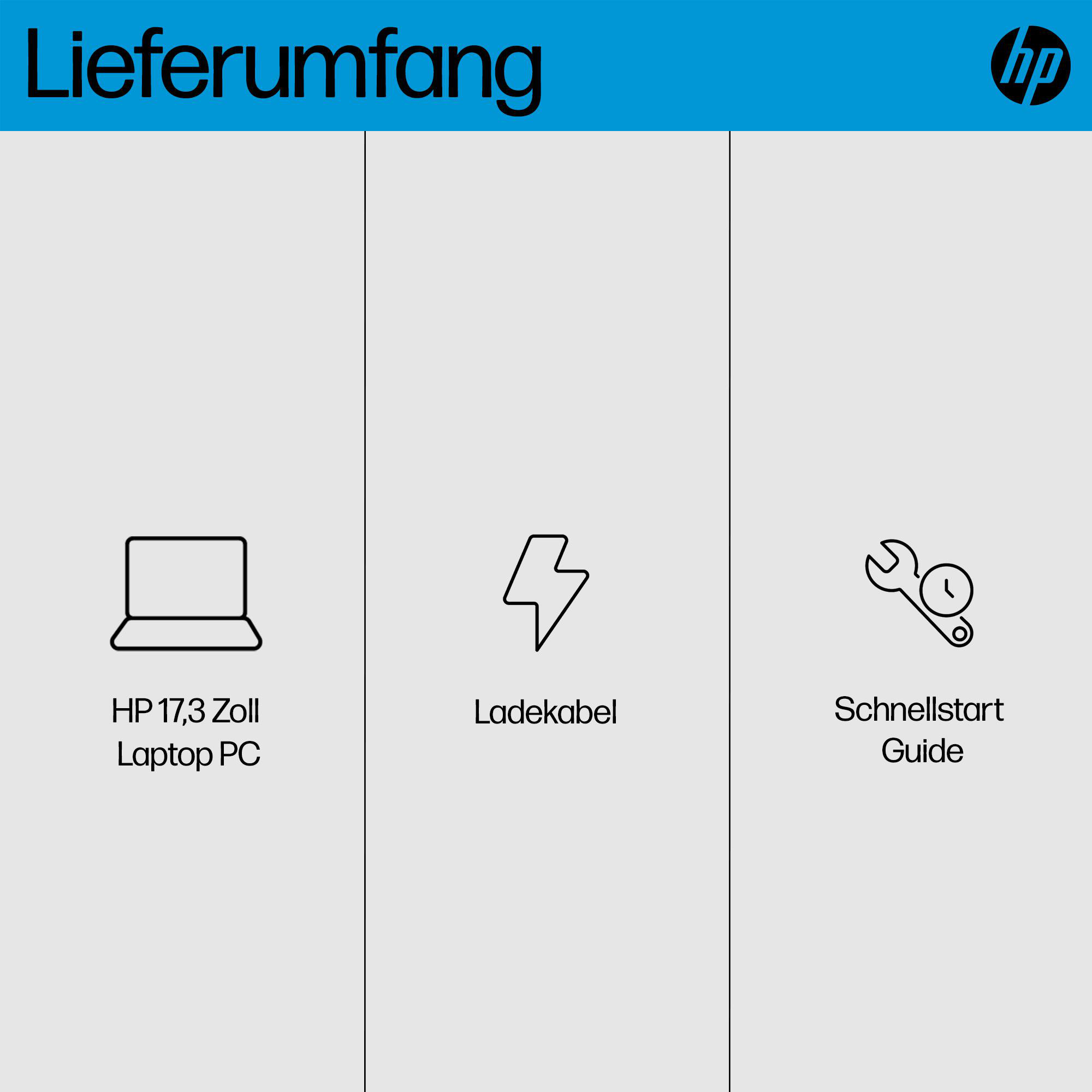 HP-Laptop-Box-Inhalt: Laptop, Ladegerät und Schnellstartanleitung, dargestellt mit Symbolen.