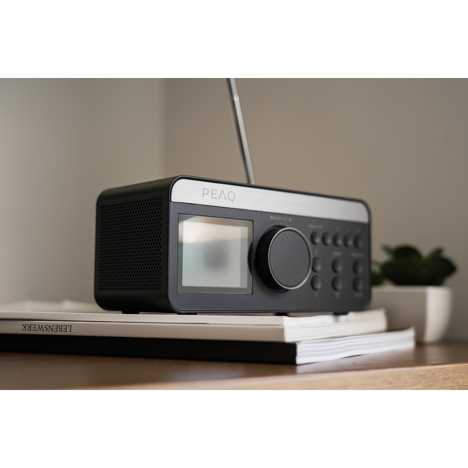 A black and silver radio sits on two books. A white vase with a plant is in the background.