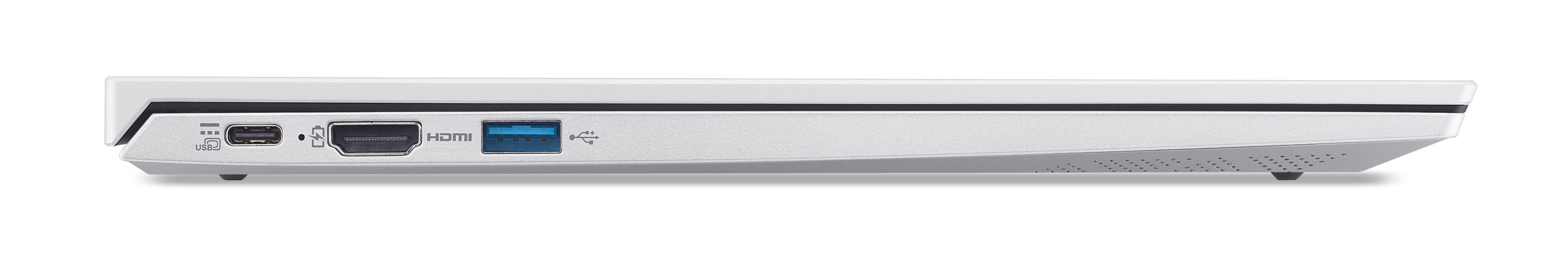 Seitenansicht eines Laptops mit Anschlüssen: USB-C, HDMI, USB. Weißes Gehäuse, schräges Design, sauberer Hintergrund.