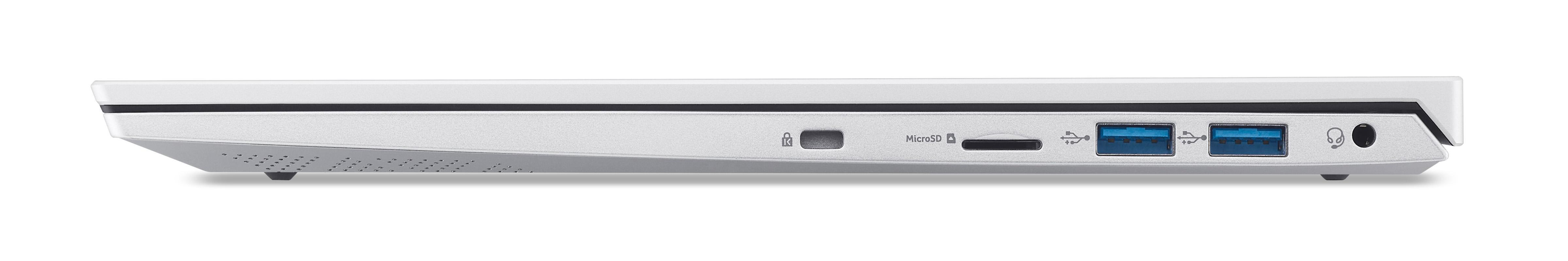 Ein weißer Laptop von der Seite. Anschlüsse sichtbar. USB, MicroSD und Audio.