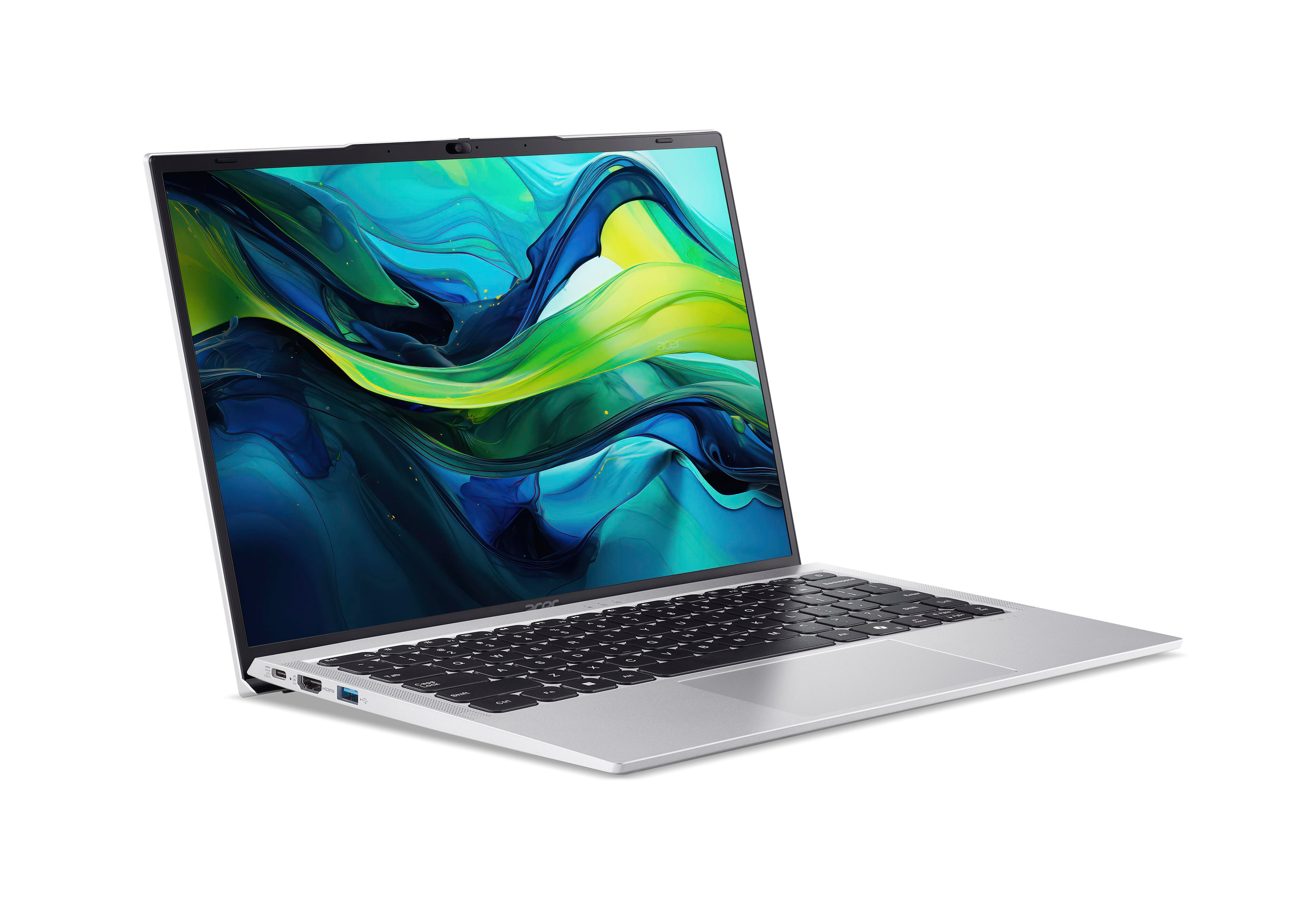 Ein silberner Laptop mit schwarzer Tastatur. Der Bildschirm zeigt ein grünes und blaues abstraktes Bild.