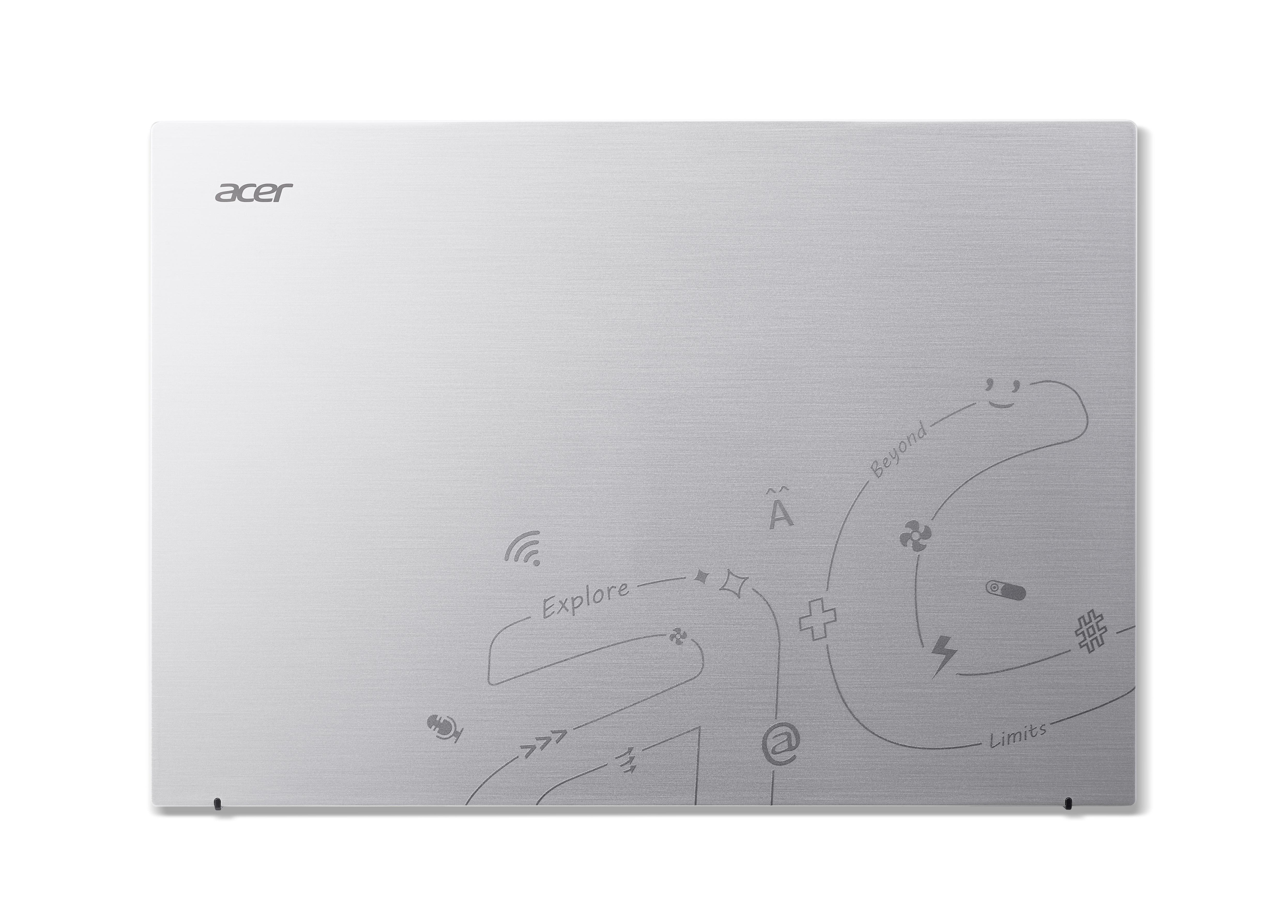 Silberner Laptopdeckel mit Acer-Logo und Design mit Symbolen und Text.