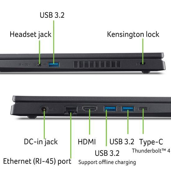 Nahaufnahme der Laptopseite mit beschrifteten Anschlüssen: USB, Kopfhöreranschluss und andere.