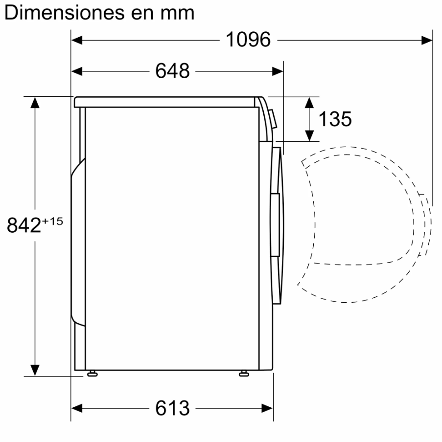 Diagrama de una lavadora con dimensiones etiquetadas. Muestra la vista lateral con medidas.