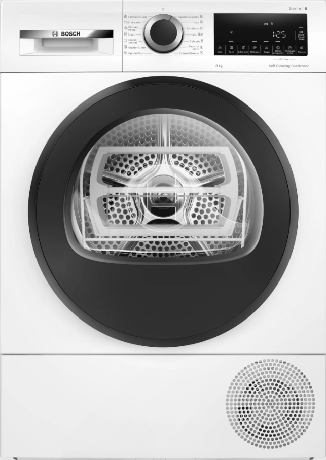 Lavadora blanca con puerta negra y panel de control, vista superior, fondo negro.