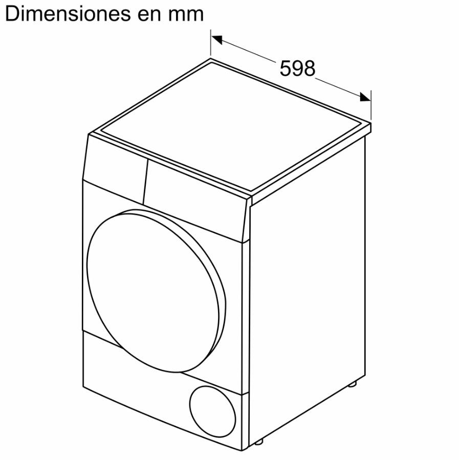 Dibujo lineal de una lavadora blanca con dimensiones en mm, aislado sobre blanco.
