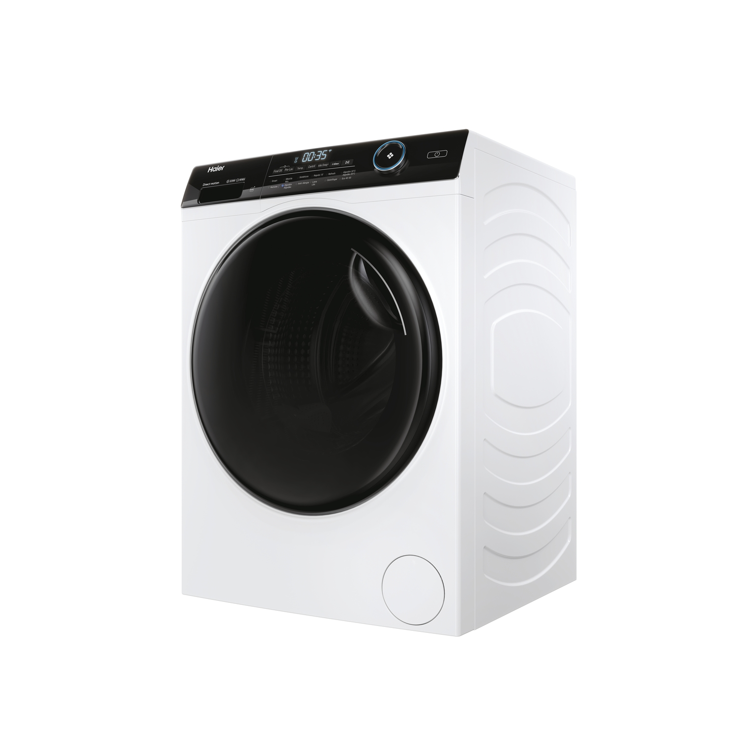 Una lavadora blanca con puerta negra, controles arriba y diseño curvo.