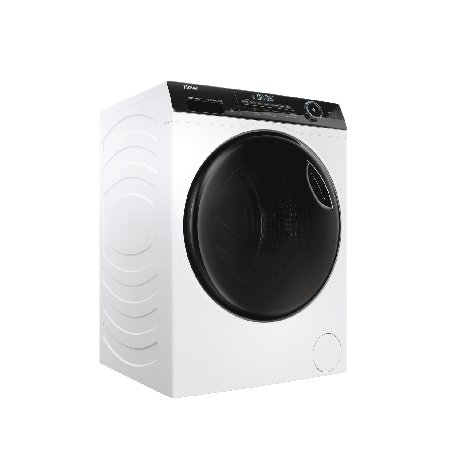 Lavadora Haier blanca con puerta negra.