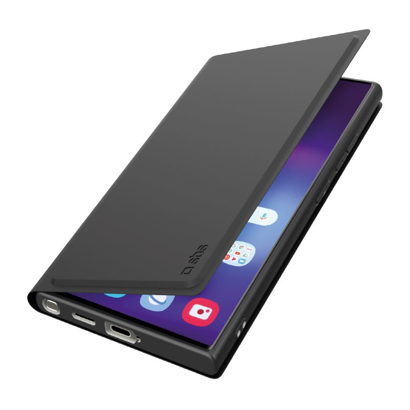 Schwarzes Telefon mit geöffneter schwarzer Flip-Abdeckung, zeigt eine Telefonschnittstelle.