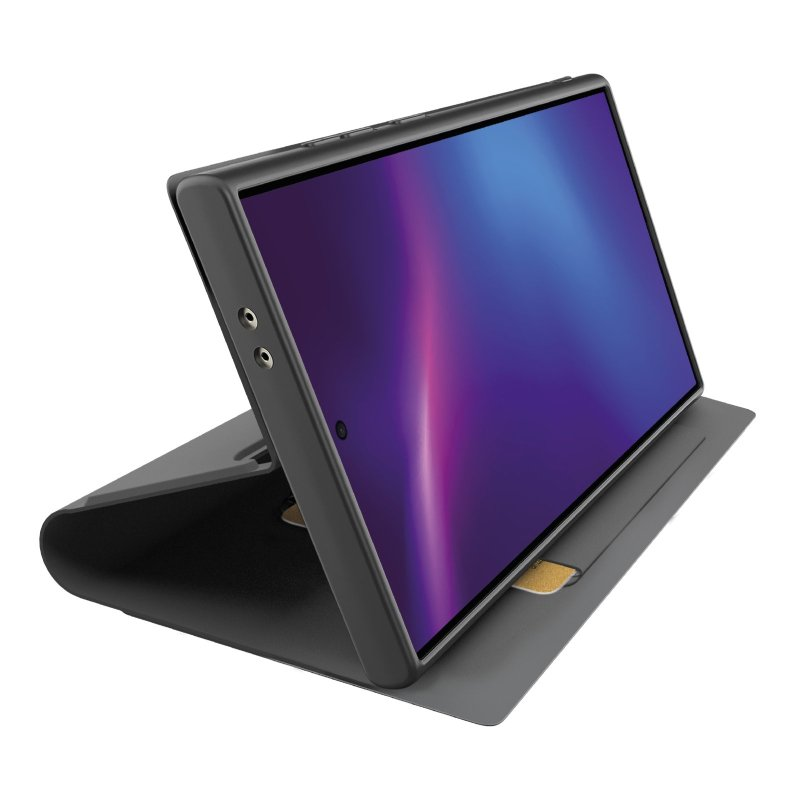 Tablet mit Hülle, zeigt Display mit lila Farbverlauf.