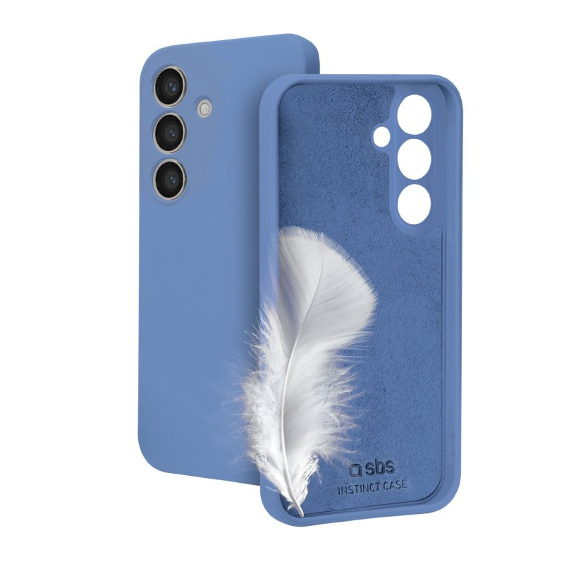 Blaue Handyhülle mit Feder. Die Hülle liegt neben einem passenden Telefon.