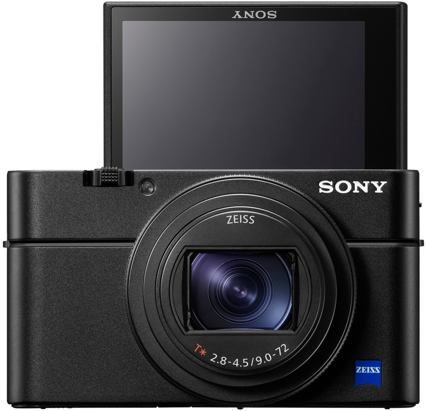 Fotocamera Sony nera, schermo in alto, su bianco.