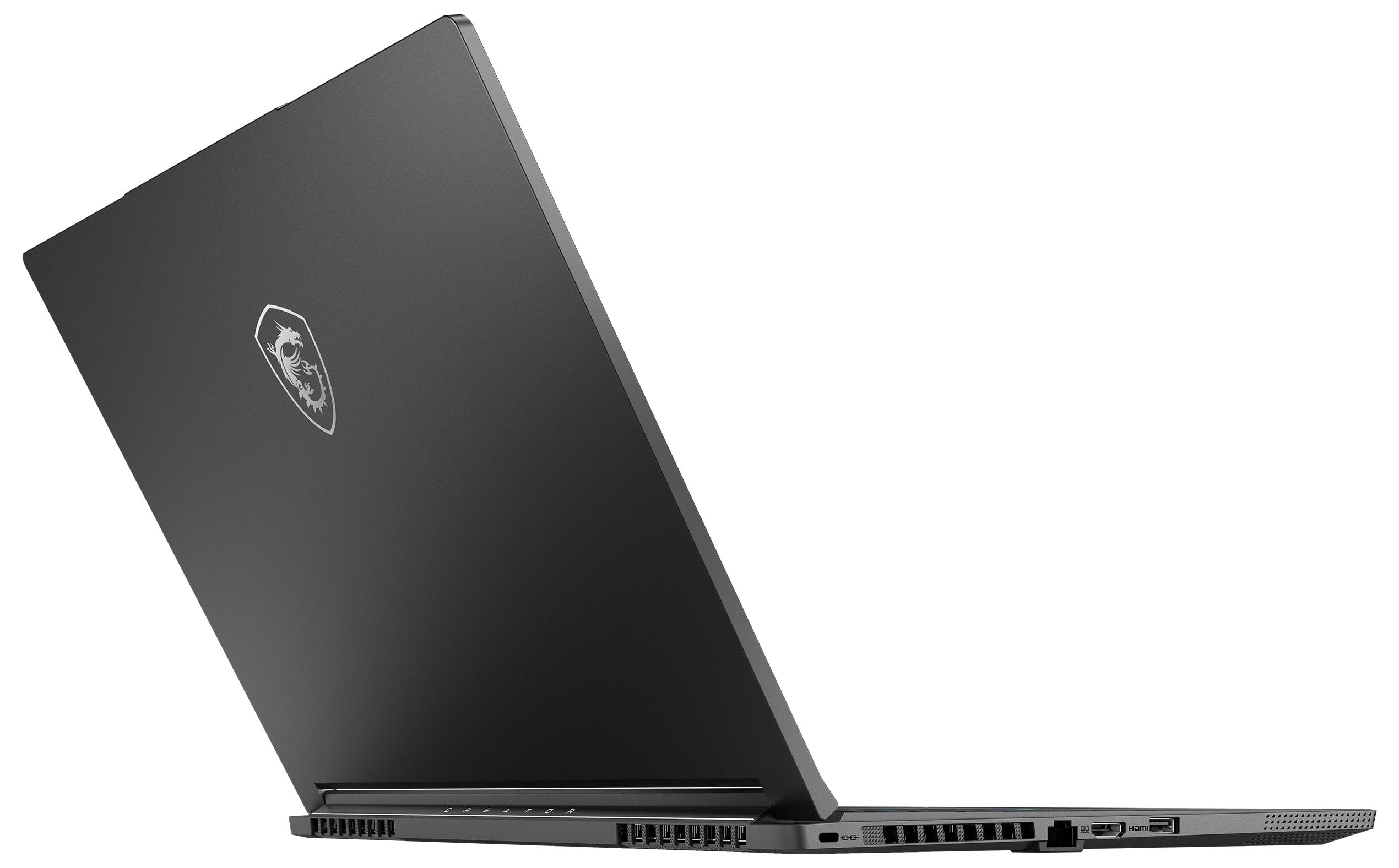 Schwarzer Laptop, teilweise geöffnet, mit MSI-Logo und Lüftungsschlitzen sichtbar. Winkelansicht.