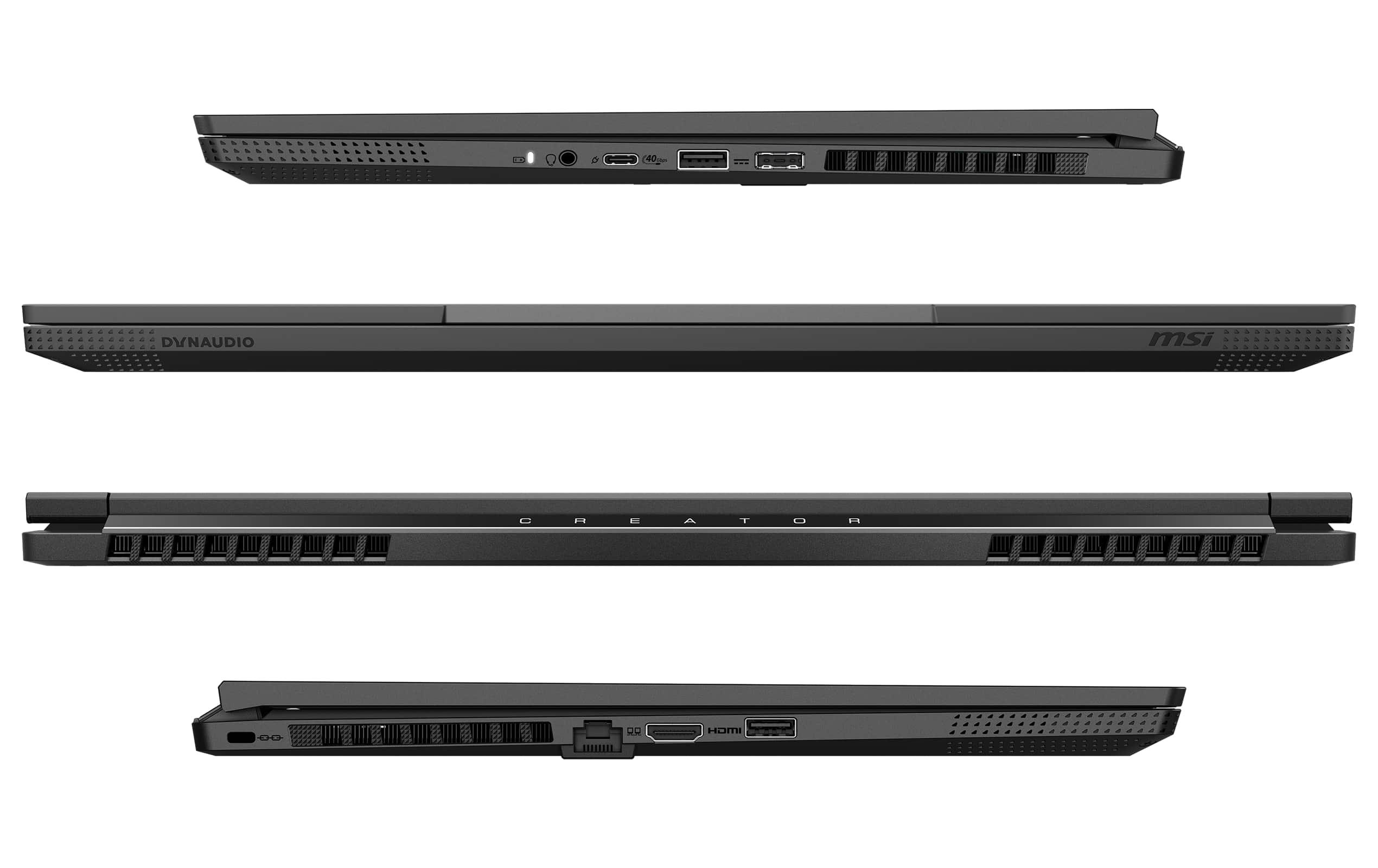 Laptop-Ansichten: oben, unten, Seiten. Schwarzes, schlankes Design, Anschlüsse sichtbar.