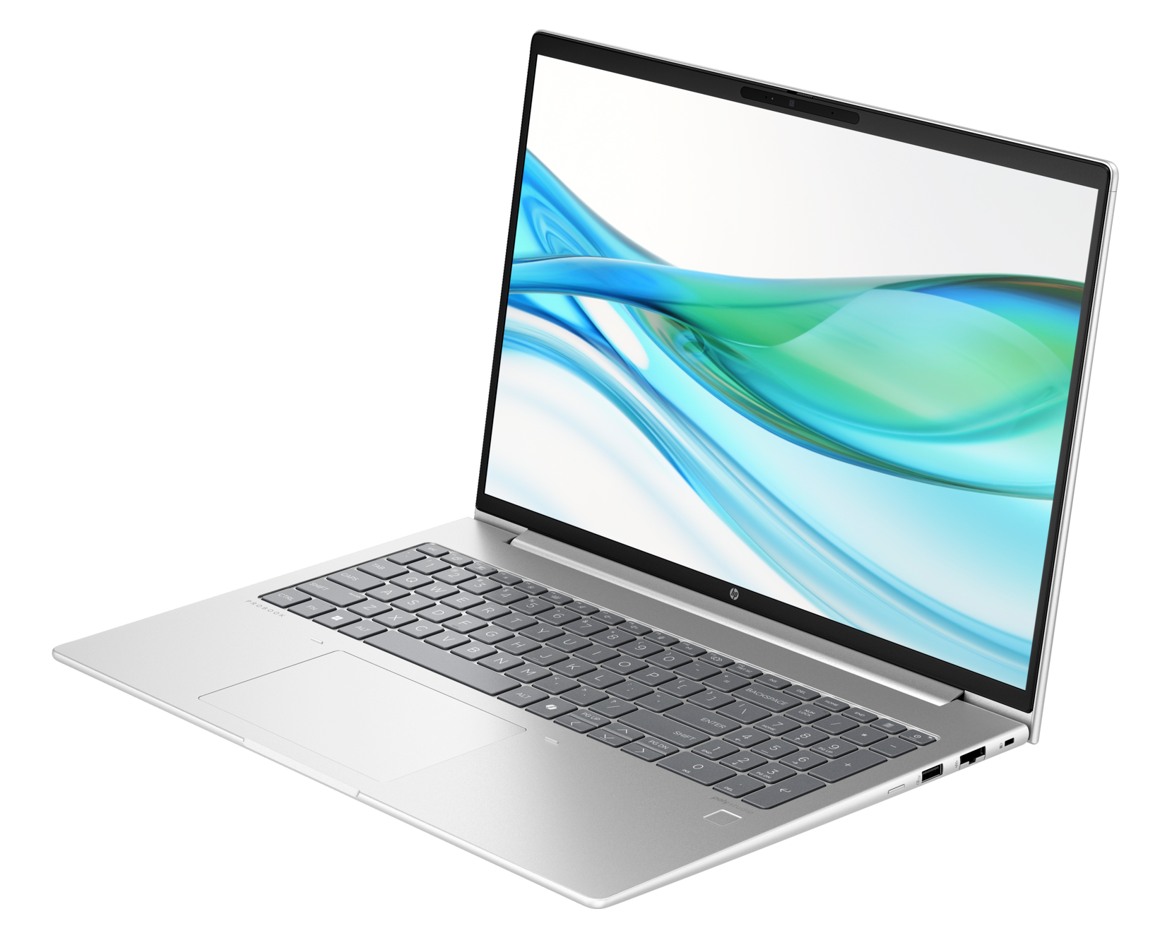 Srebrny laptop na czarnym tle, pod kątem, z otwartym ekranem, pokazujący niebiesko-zielony wzór.