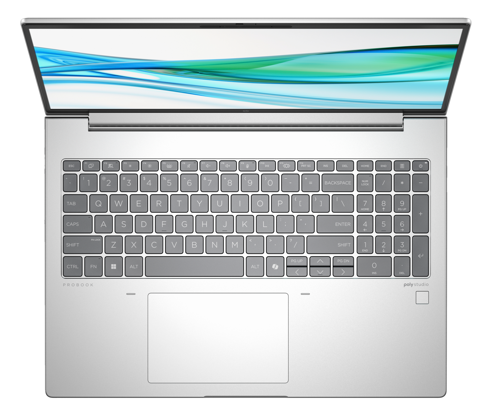 Srebrny laptop, otwarty, pokazujący klawiaturę i ekran z niebiesko-zielonym tłem.