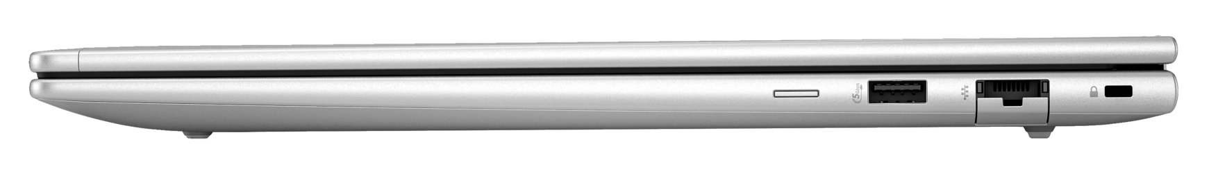 Srebrny laptop z boku z portami USB, SD i Ethernet na czarnym tle.