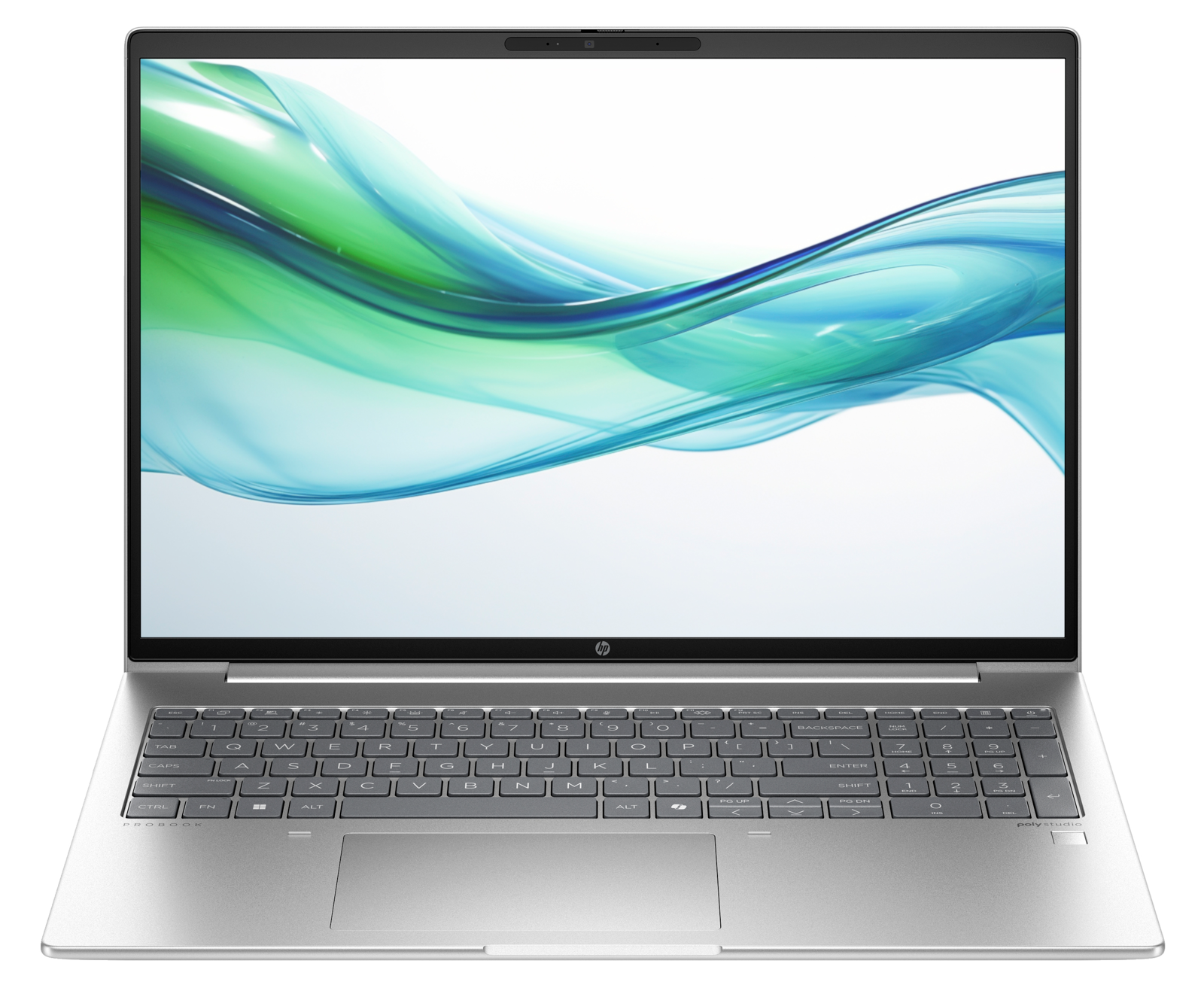 Srebrny laptop HP ProBook otwarty, wyświetlający ekran z płynącymi zielonymi i niebieskimi abstrakcyjnymi kształtami. Widoczna klawiatura i touchpad.