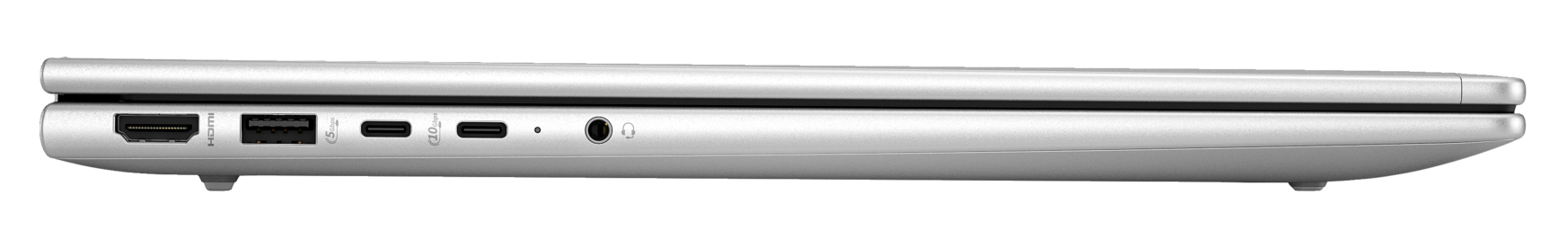 Widok z boku srebrnego laptopa z portami: HDMI, USB, USB-C i gniazdo słuchawkowe. Czarne tło.