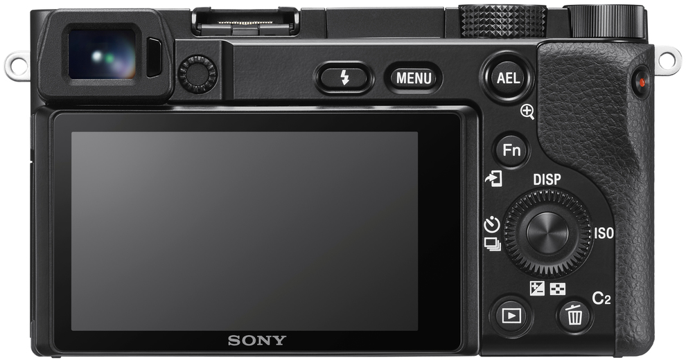 Il retro di una fotocamera nera con schermo e pulsanti.