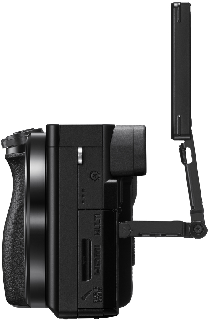 Una fotocamera nera è mostrata di lato, con lo schermo inclinato verso l'alto.