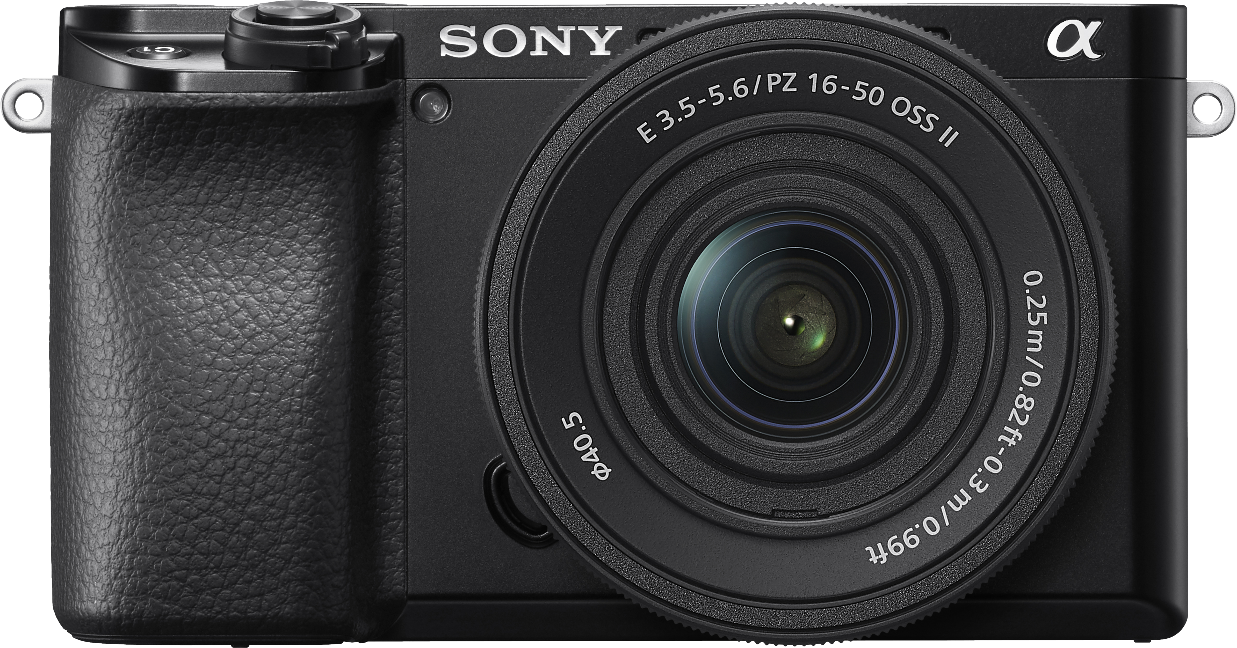 Schwarze Sony-Kamera mit Objektiv und Knöpfen. Enthält Objektivdetails. Schwarzer Hintergrund.