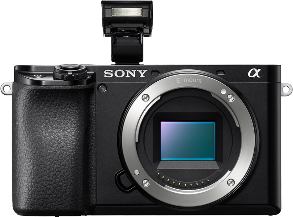 Schwarze Sony Kamera mit Blitz und E-Mount-Objektiv.
