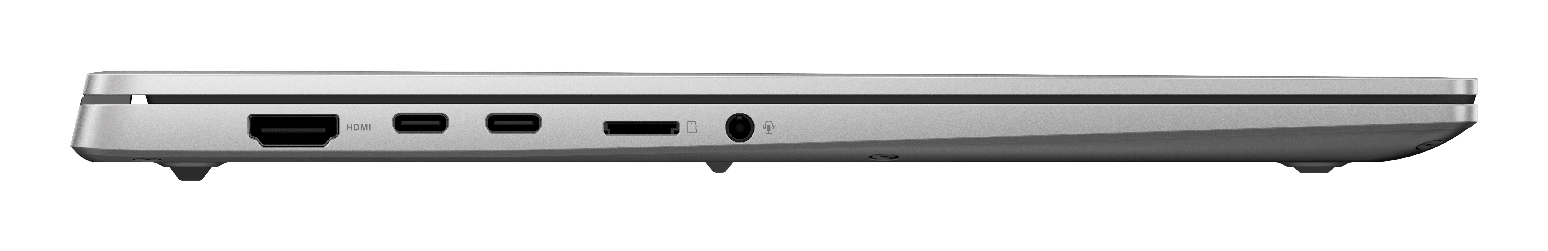 Seitenansicht eines silbernen Laptops mit Anschlüssen.