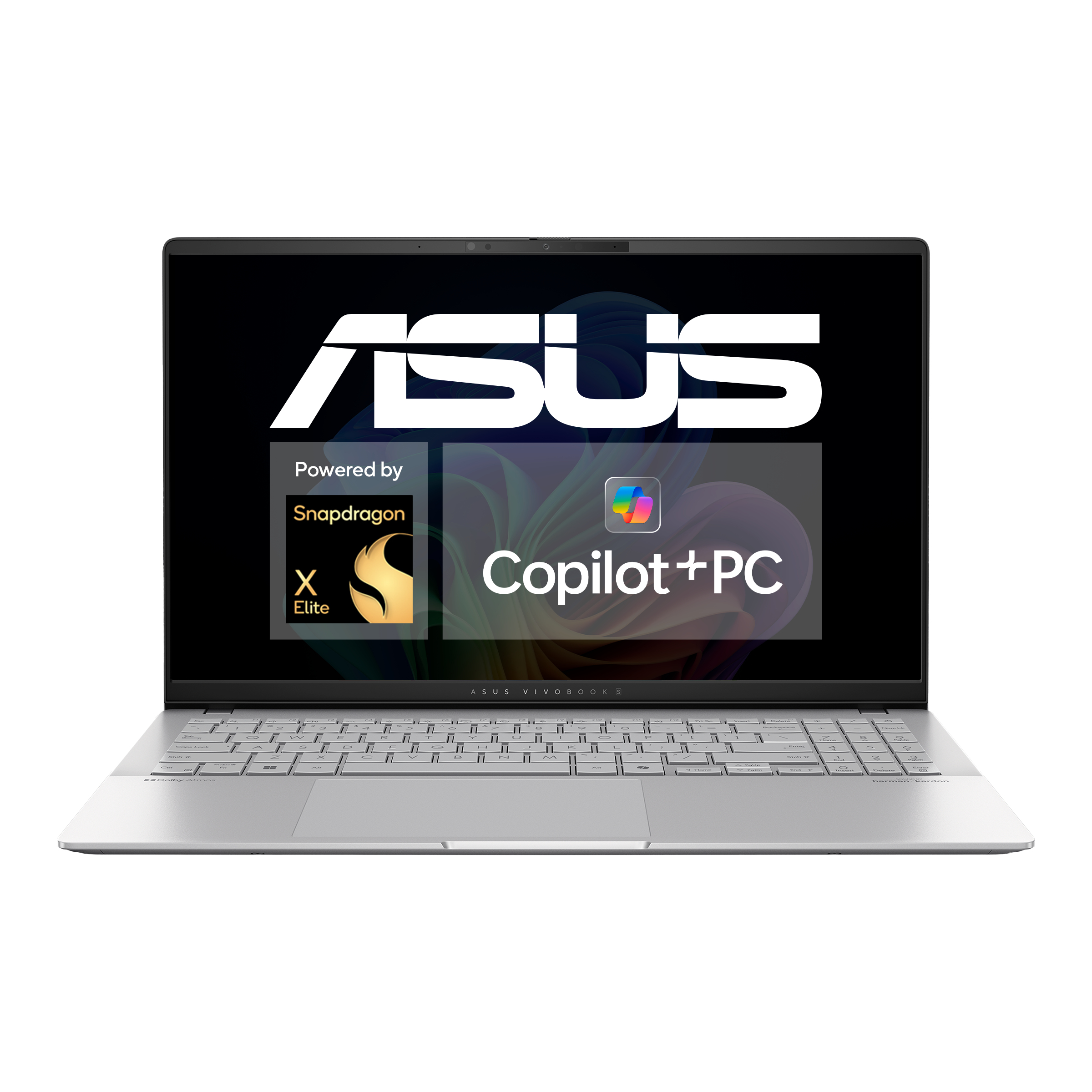 Silberner Laptop mit ASUS-Logo auf dem Bildschirm. Weißer Hintergrund.