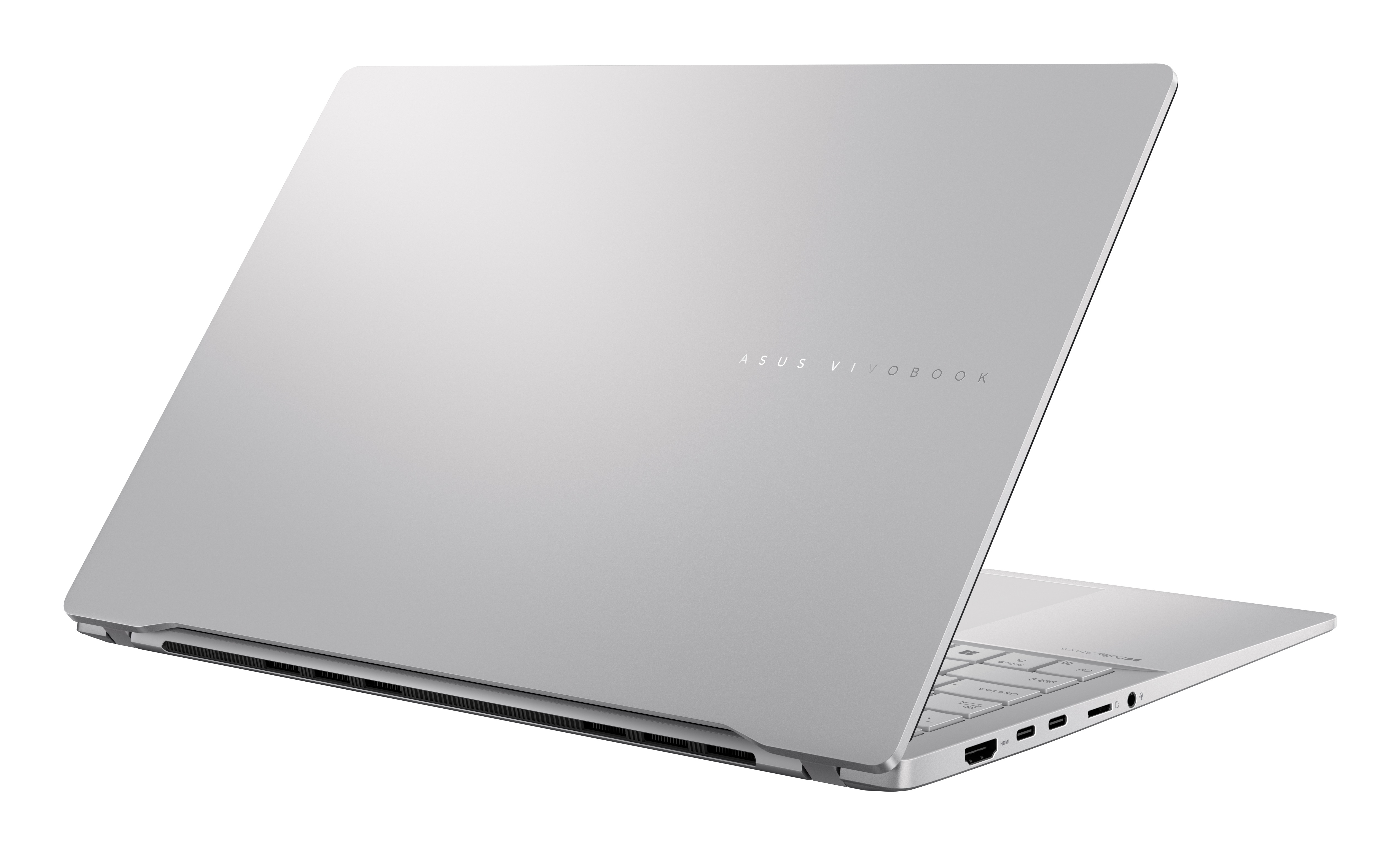 Silberner Laptop, geöffnet, in einem Winkel, mit dem Markennamen ASUS Vivobook auf dem Deckel.