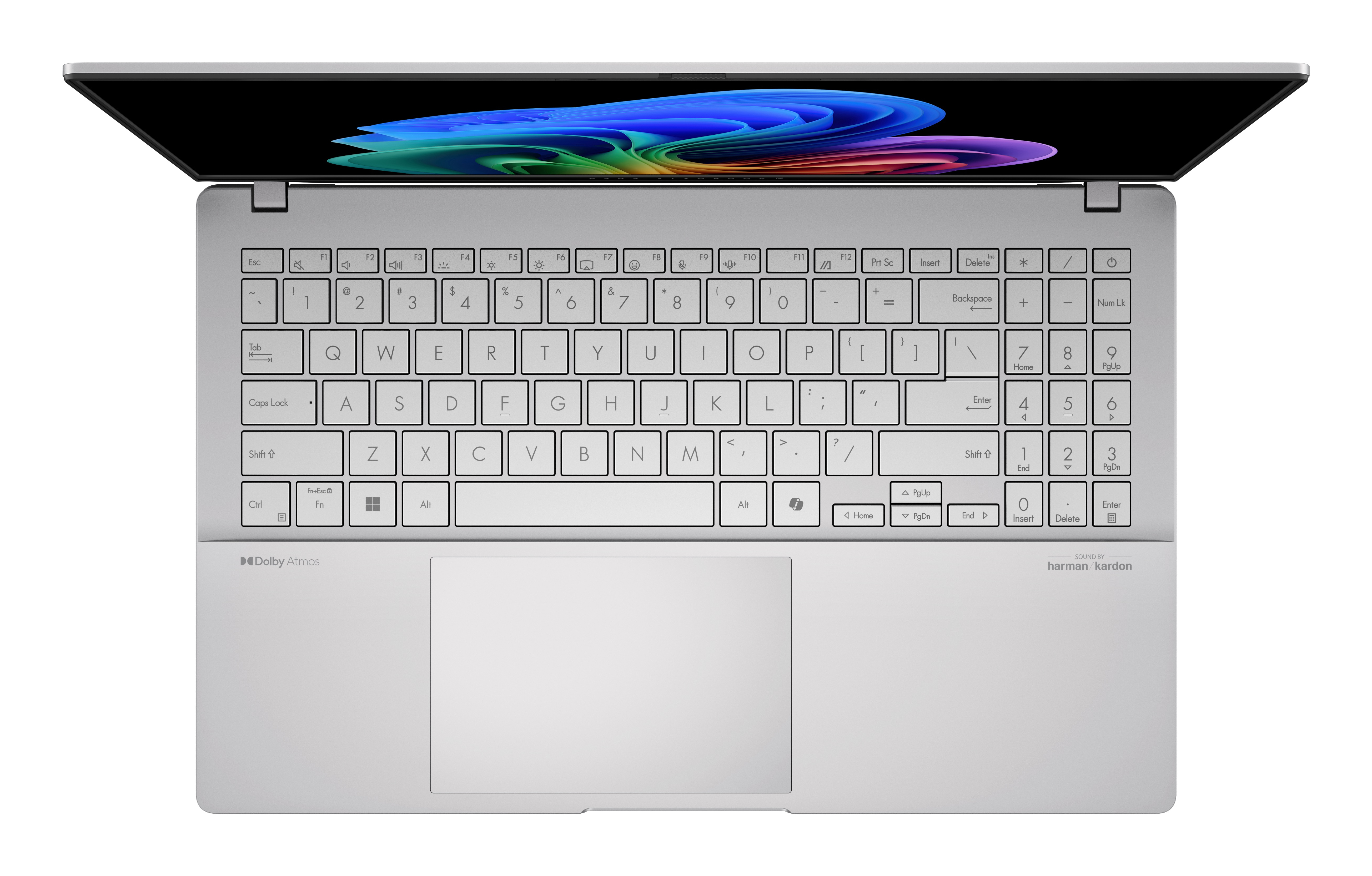 Silberner Laptop, offen, Draufsicht. Tastatur sichtbar. Bildschirm zeigt bunte, abstrakte Kunst.