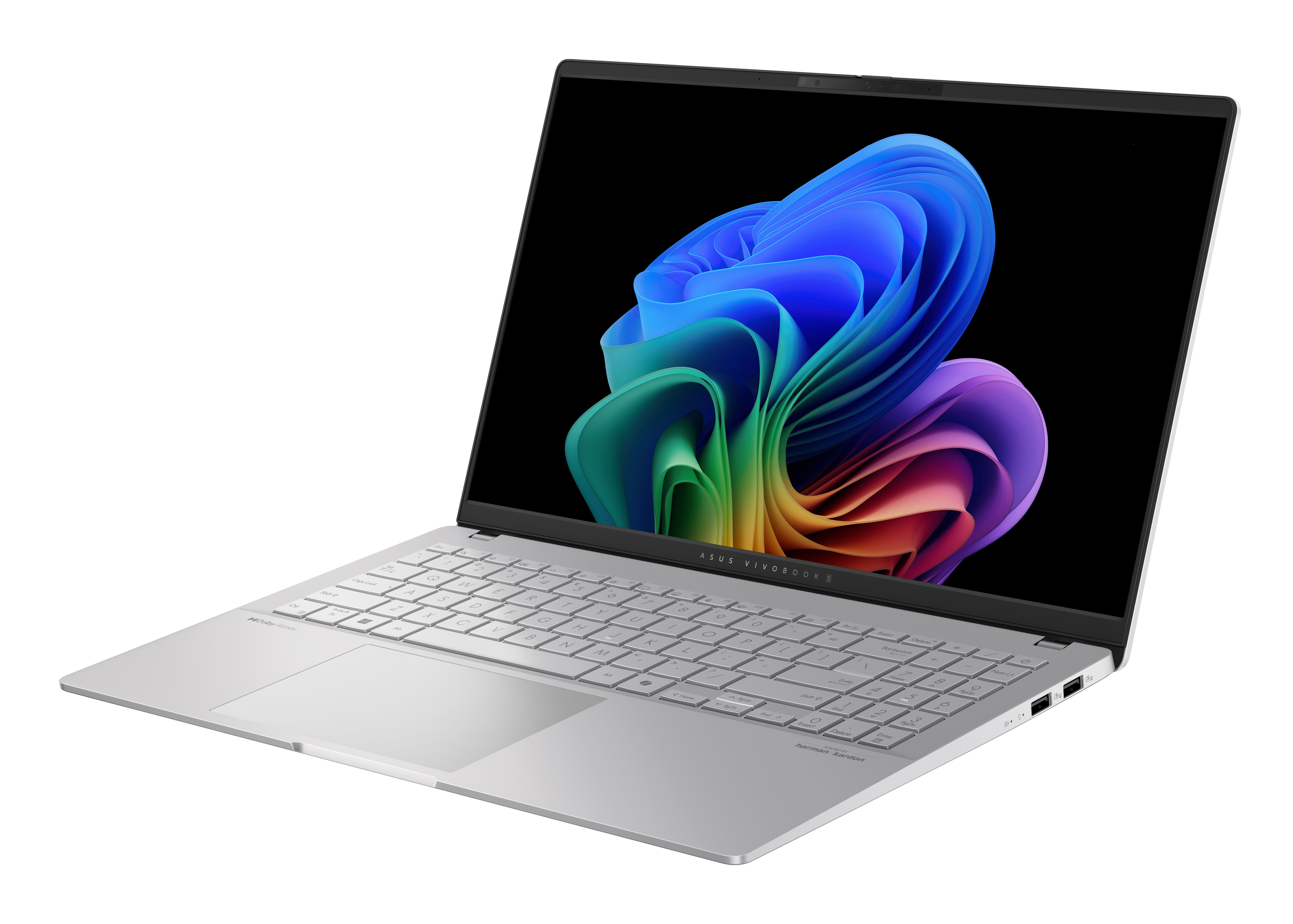 Silberner Laptop offen, zeigt einen bunten abstrakten Hintergrund mit weißer Tastatur.