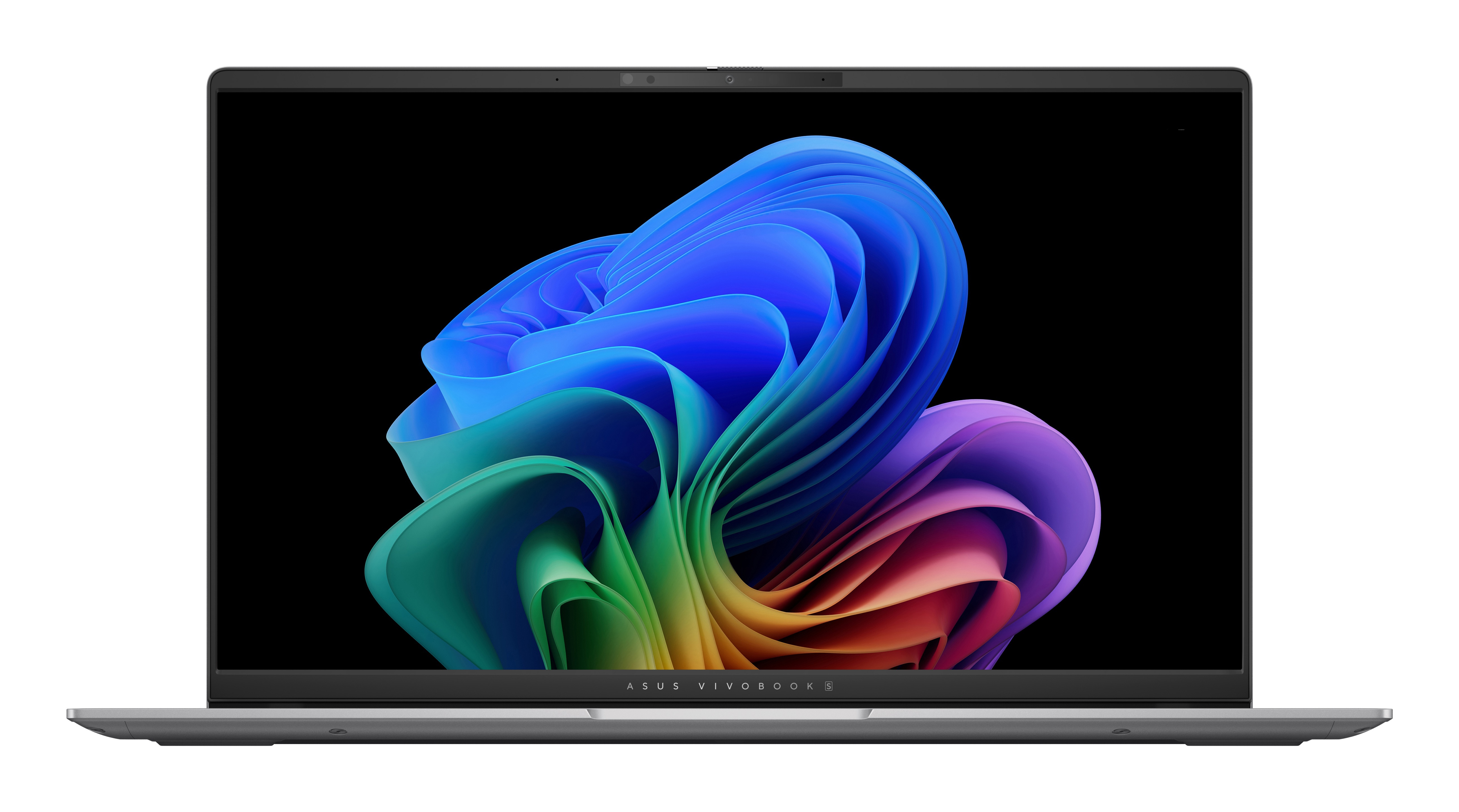 Ein grauer Laptop mit einem farbenfrohen Bildschirm.