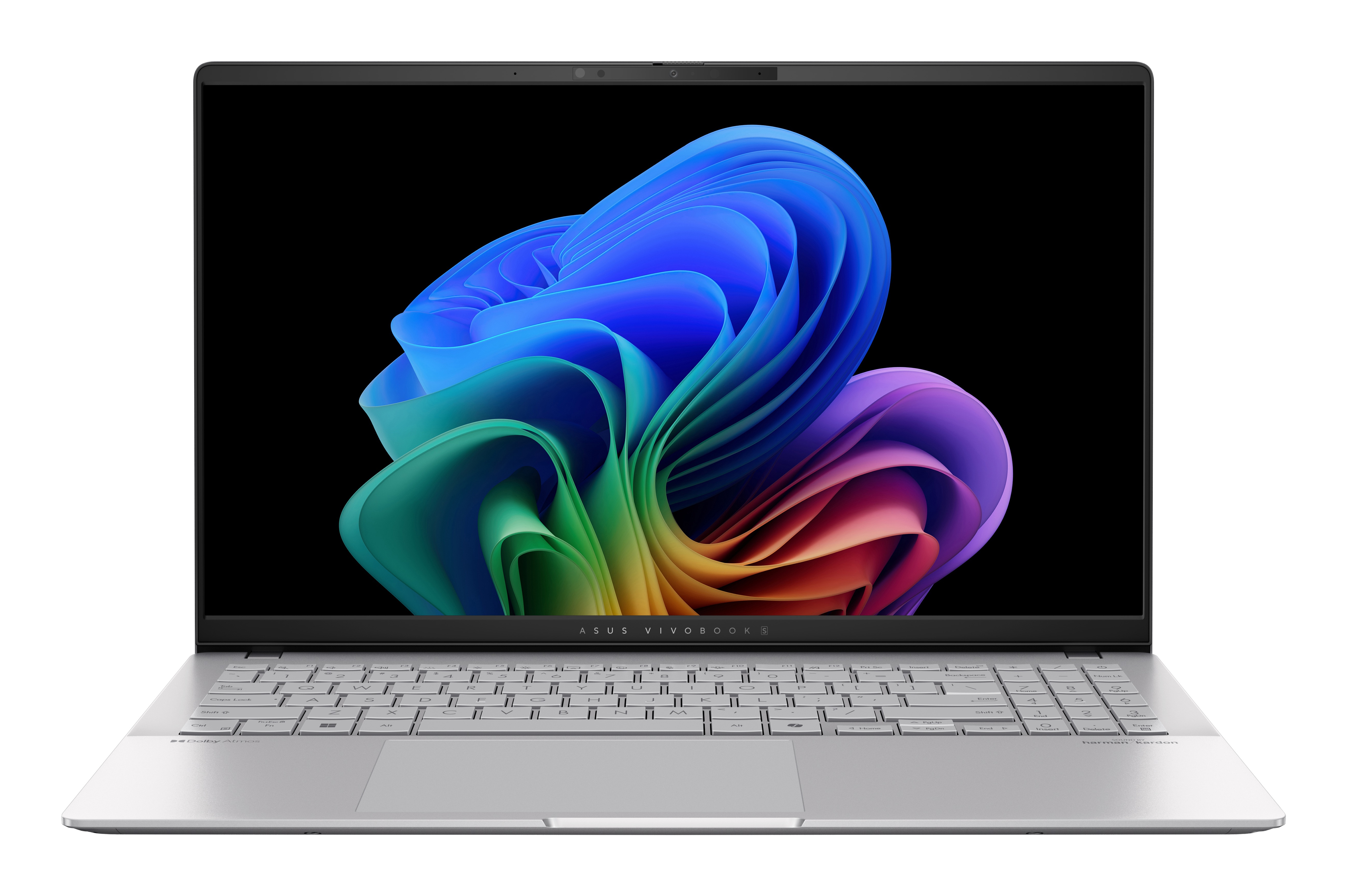 Silberner Laptop, geöffnet, zeigt ein farbenfrohes abstraktes Design auf schwarzem Hintergrund.