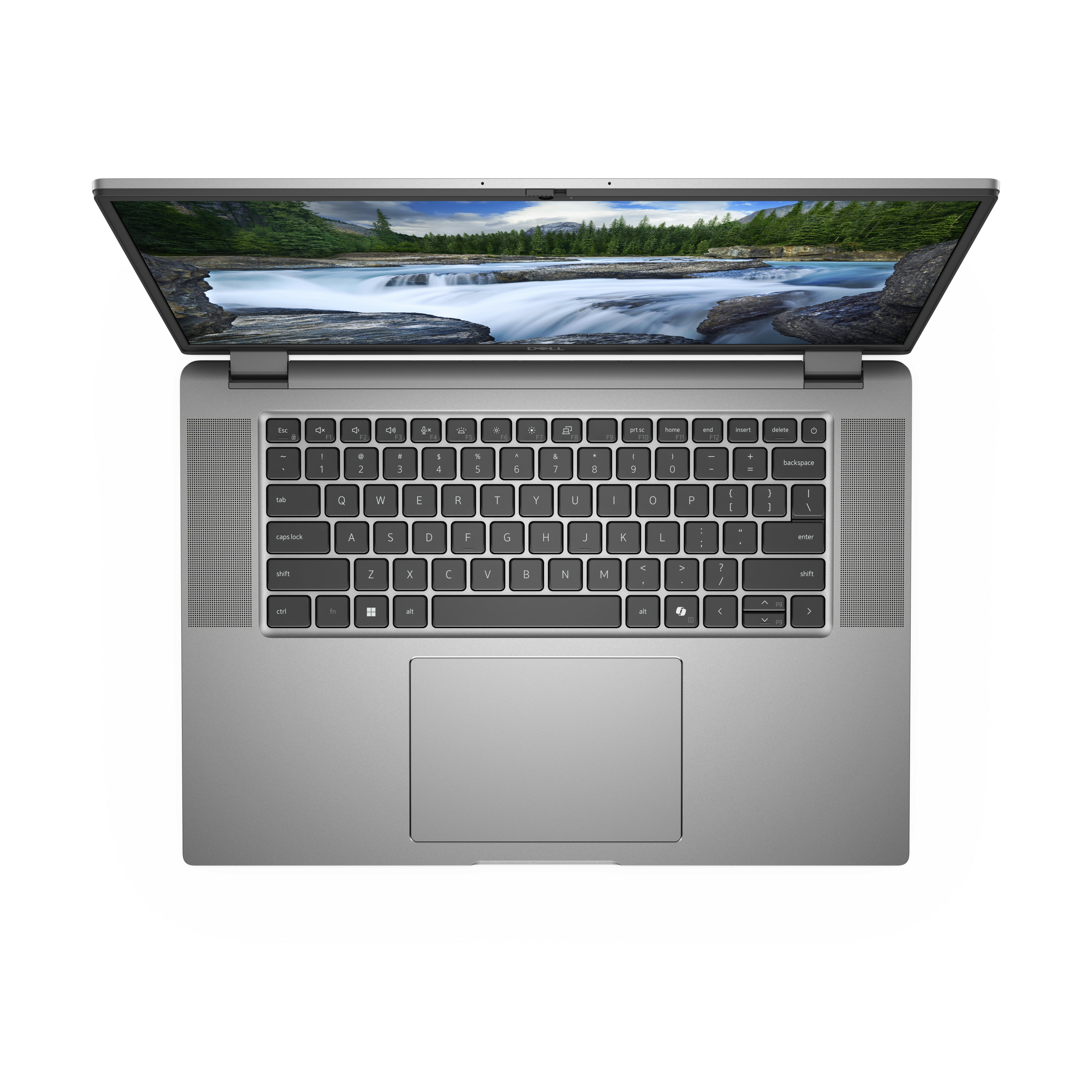 Draufsicht auf einen silbernen Laptop mit Tastatur und Landschaftsbildschirm.