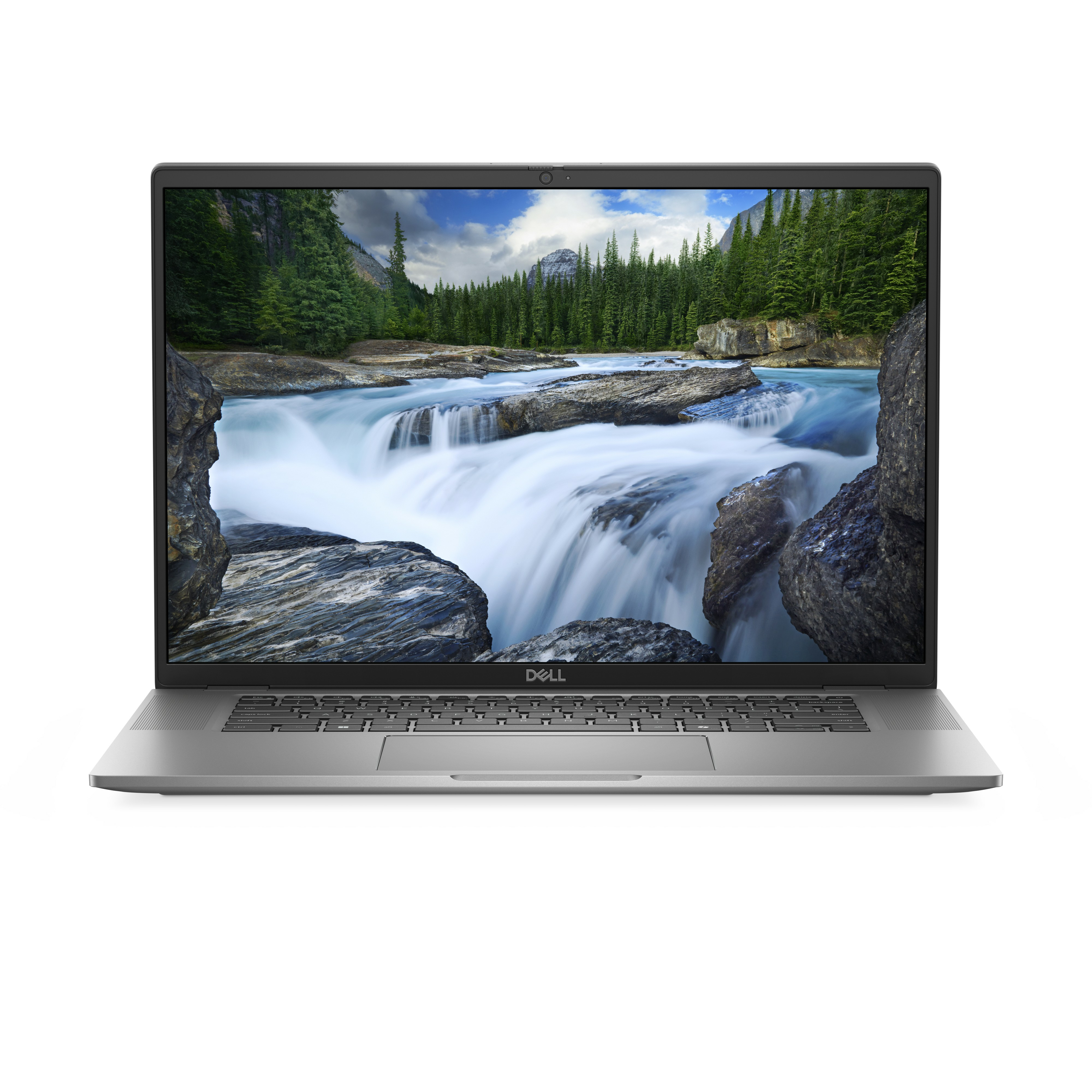 Ein silberner Laptop mit einem Bildschirm, der eine Wasserfallszene zeigt, vor weißem Hintergrund.