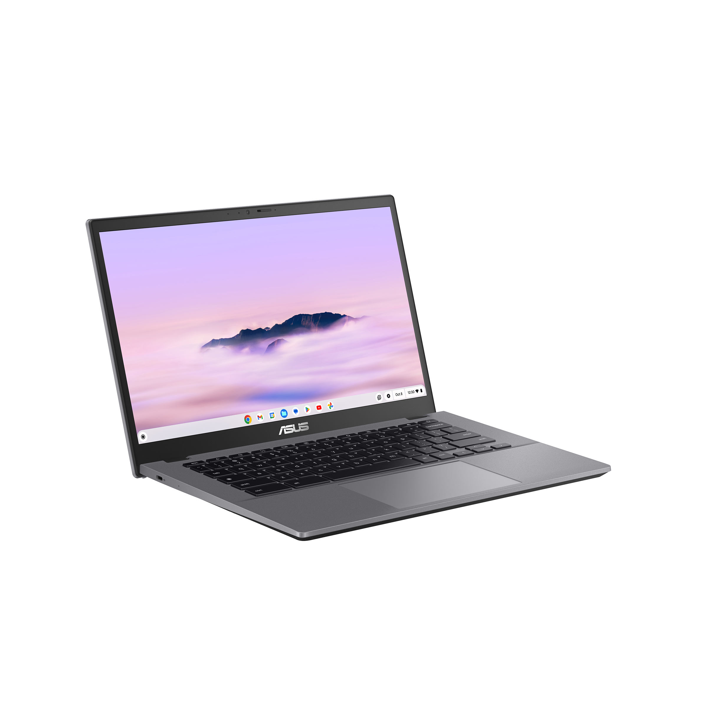 Laptop auf weißer Oberfläche mit Landschaft auf dem Bildschirm.