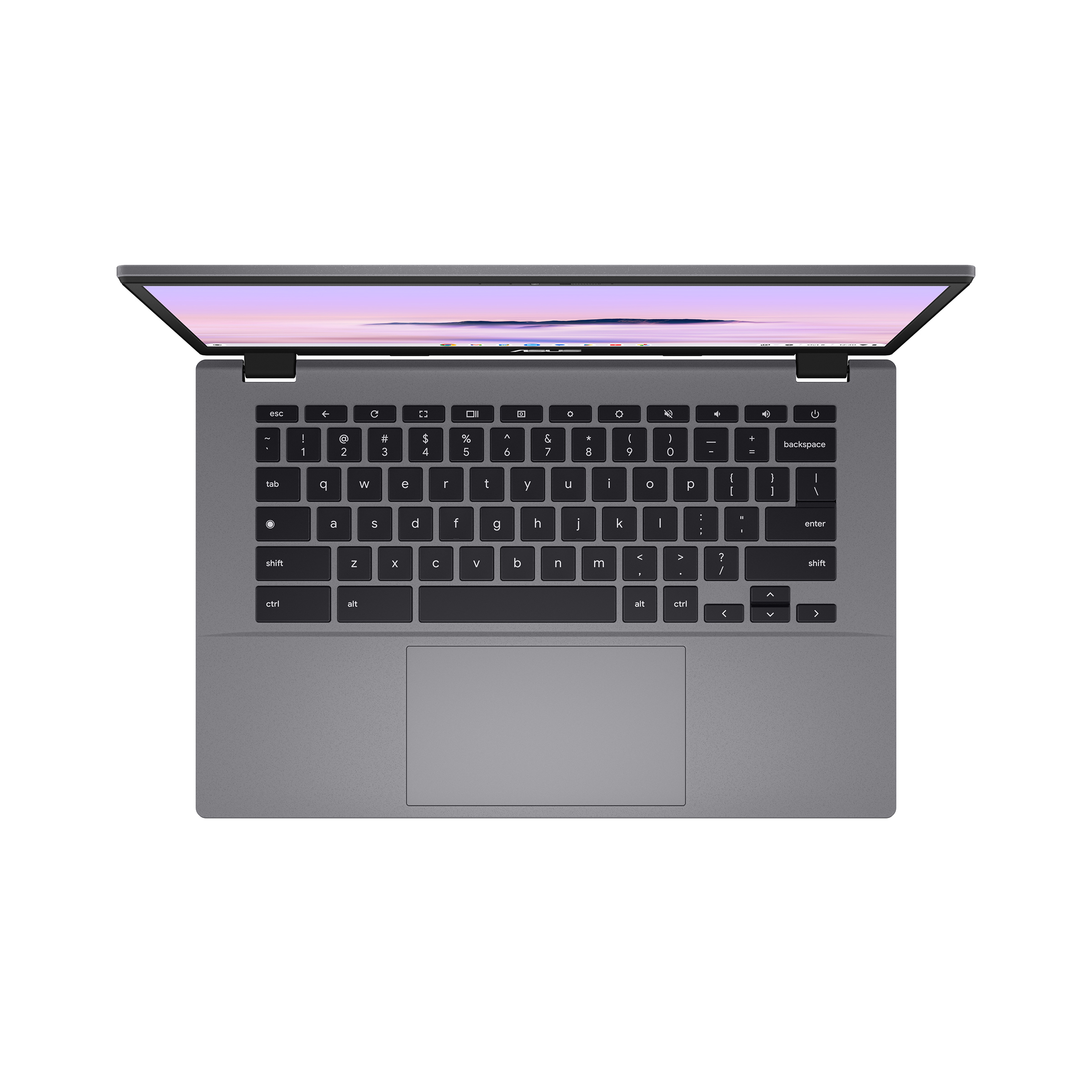 Draufsicht auf einen grauen Laptop mit geöffnetem Bildschirm, der eine Tastatur und ein Touchpad zeigt.