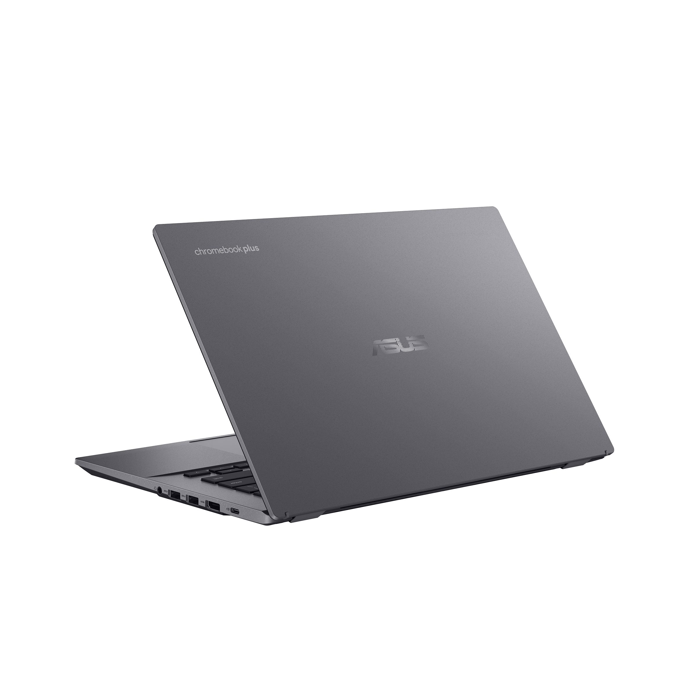 Grauer Laptop, geschlossen, Rückseite mit Logo und Anschlüssen zeigend. Weißer Hintergrund.