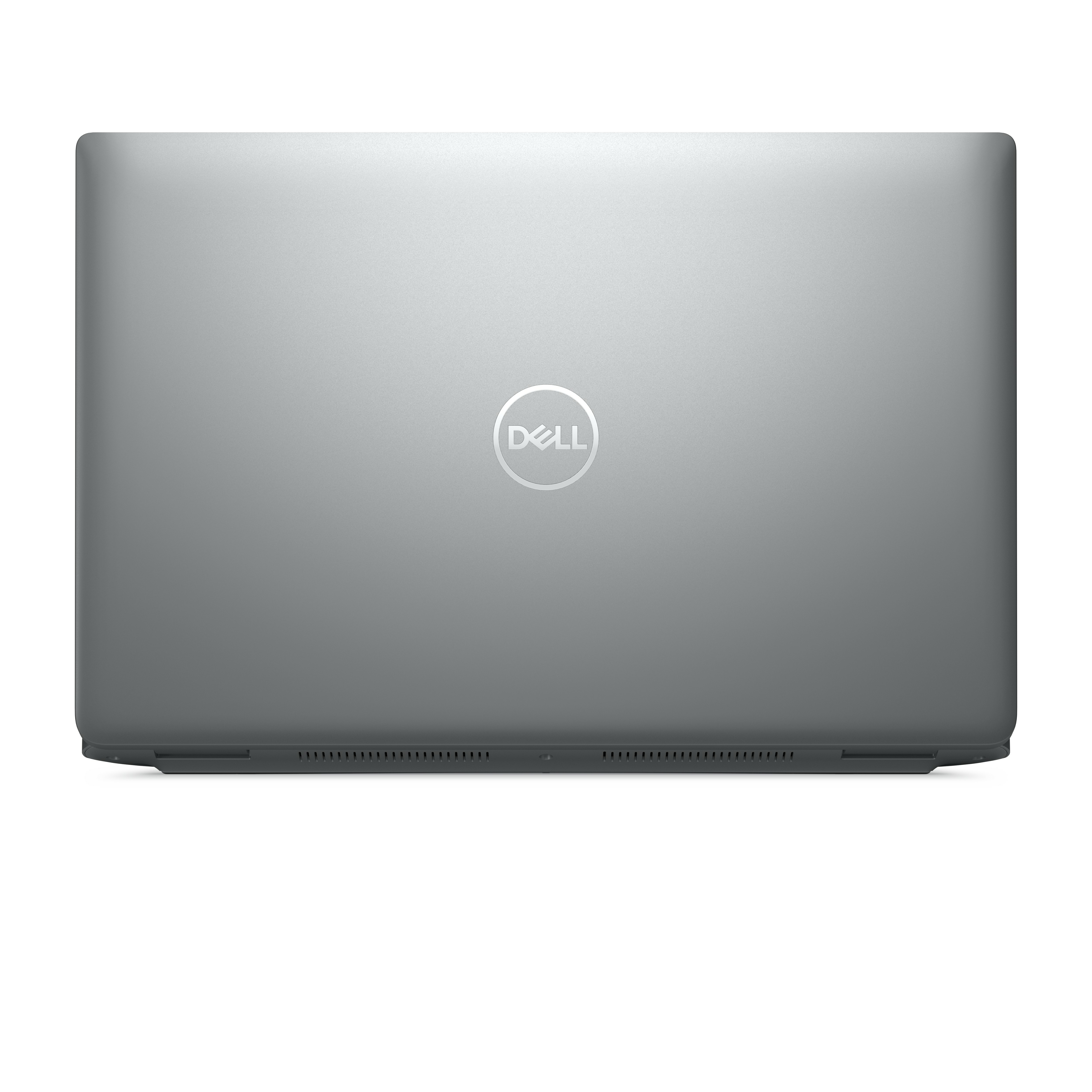 Silberner Laptop, Rückansicht, Dell-Logo in der Mitte.