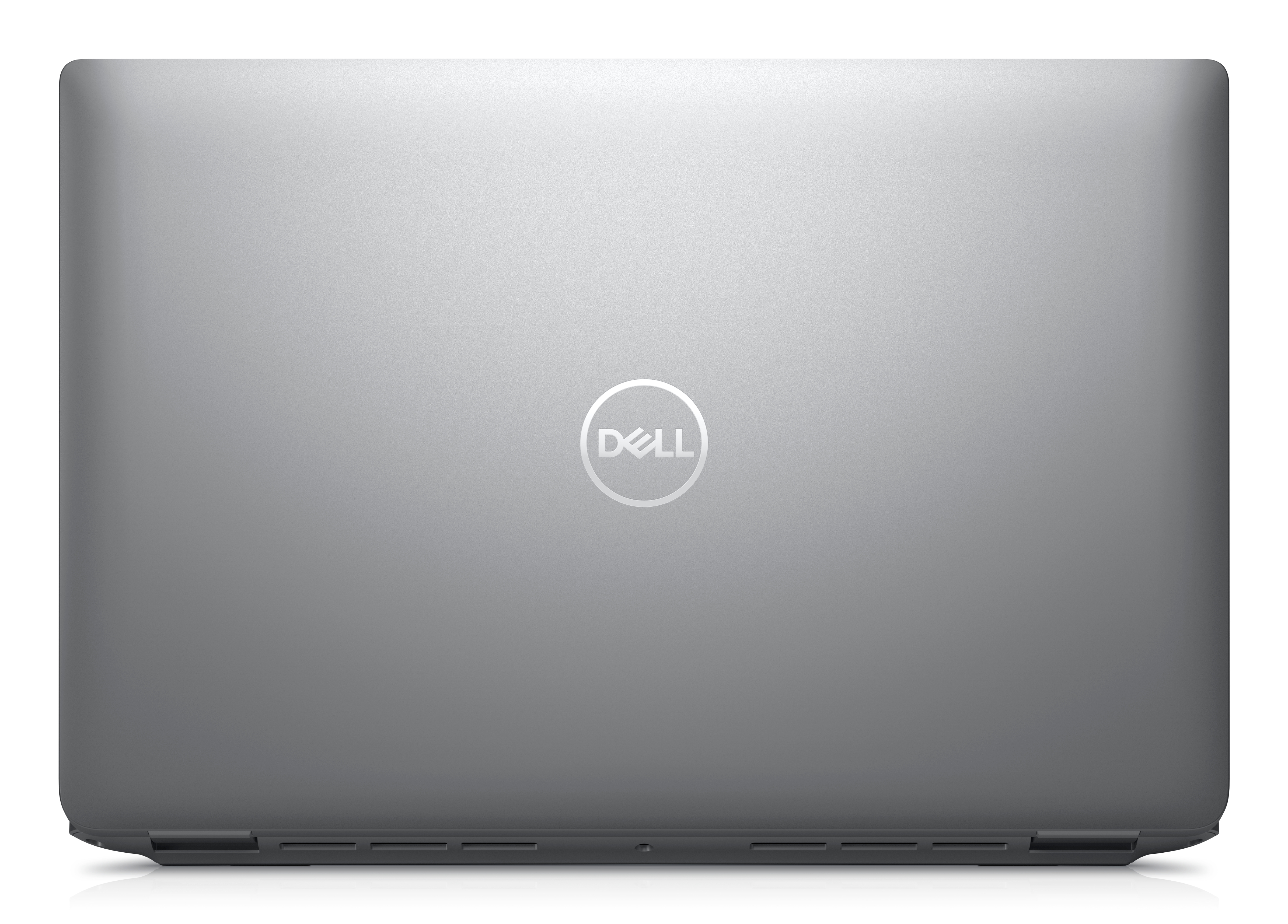 Das Dell-Logo auf der Oberseite eines grauen Laptops vor weißem Hintergrund.